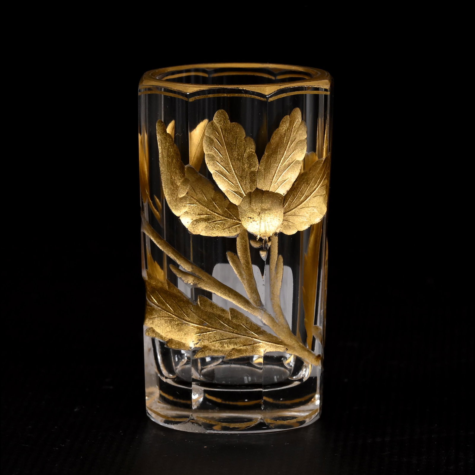 Whiskey Tumbler, Marked Moser Art Glass: Whiskey Tumbler, Marked Moser Art Glass, 2.25" x 1.25", Clear, Eight Panel Sides, Deeply Engraved Floral Decor And Gold Highlights, The David & Marlene Howard Collection. UPDATED 7-19-22 Marked As Sho