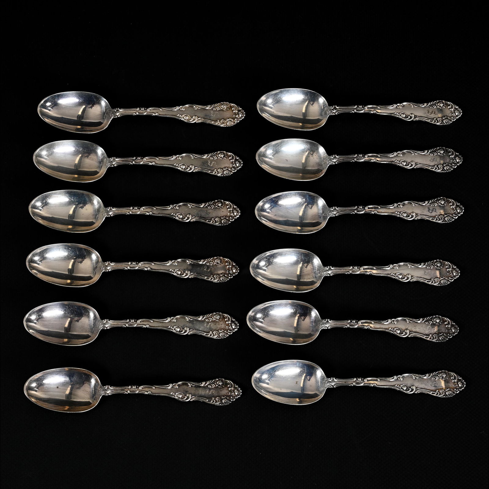 (12) Teaspoons, Marked Duhne Sterling Silver: (12) Teaspoons, Marked Duhne Sterling Silver, 5.5", Rose Scroll Design, "F" Monogram, Total Weight Of Over 265 Grams, The David & Marlene Howard Collection.