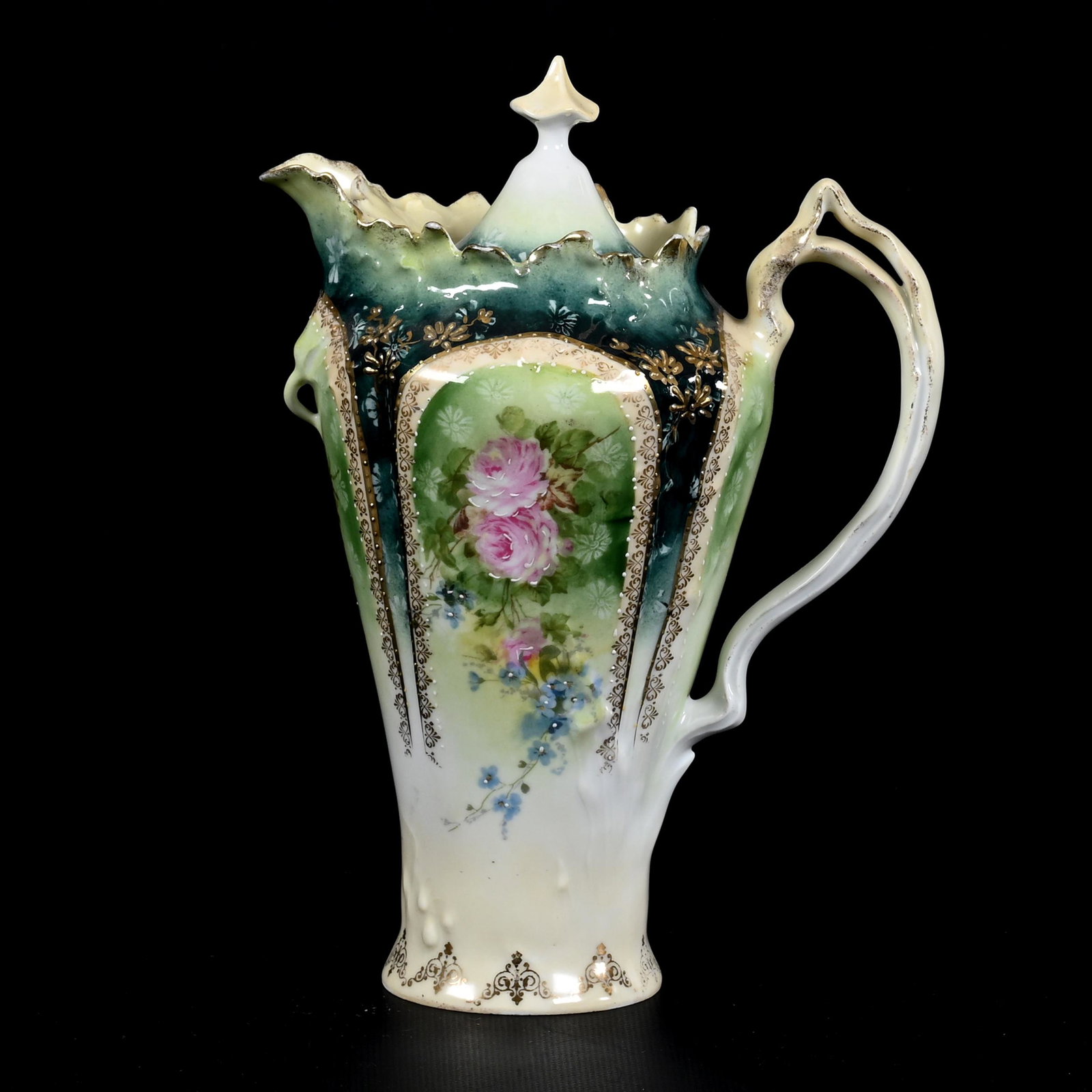 Chocolate Pot, Unmarked R.S. Prussia: Chocolate Pot, Unmarked R.S. Prussia, 9.75" x 7", Green, Cream And White Tones, Pink Floral Decor, Gold Stencil Highlights, The David & Marlene Howard Collection.