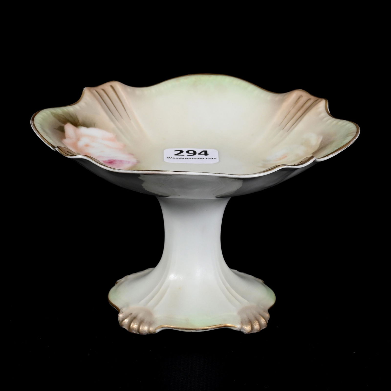 Compote Marked R.S. Prussia: Compote Marked R.S. Prussia, 3" x 5.25", Green And Cream Satin, Pink And White Rose Decor, The David & Marlene Howard Collection.