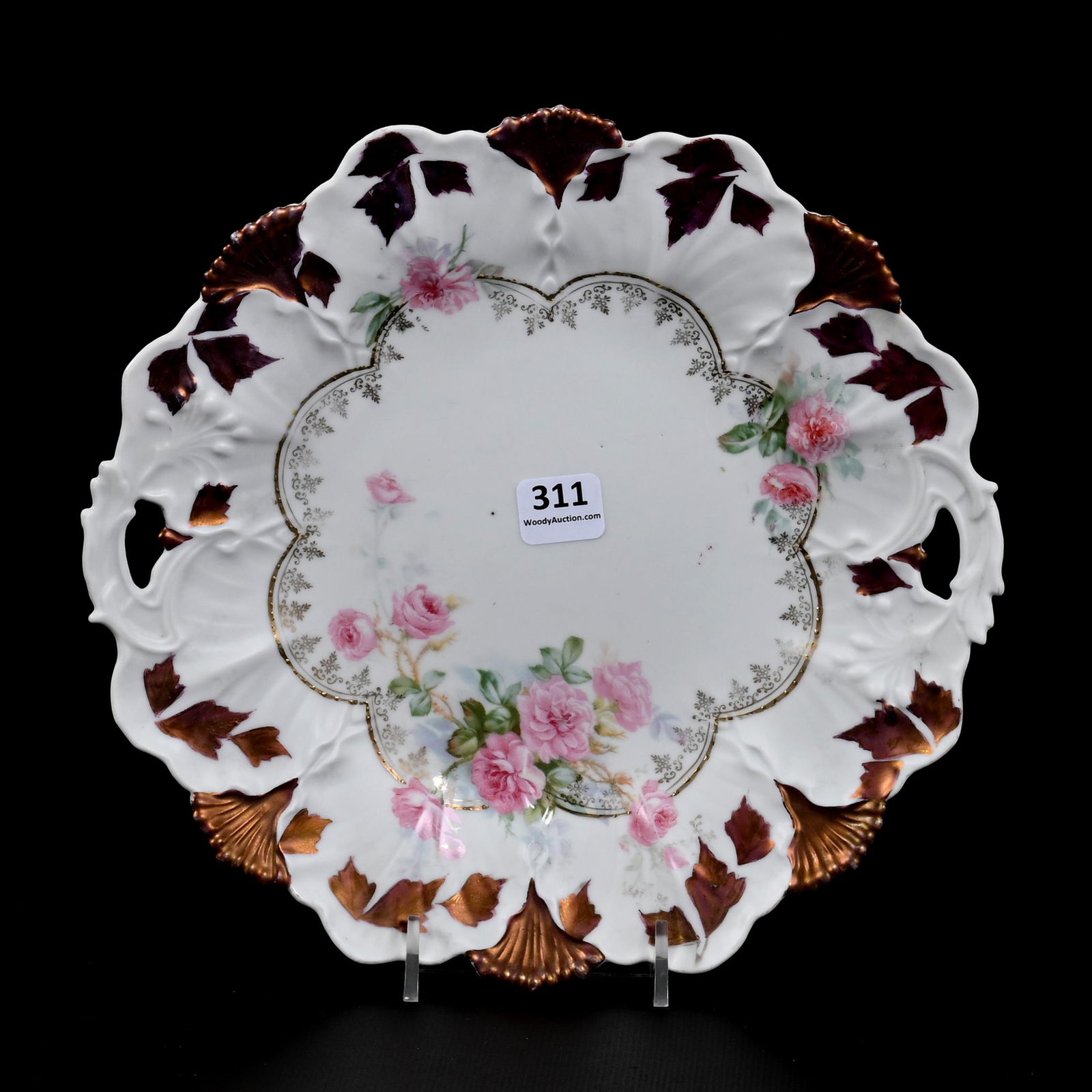 Cake Plate Marked R.S. Prussia: Cake Plate Marked R.S. Prussia, 9.5", Leaf And Fan Mold, White And Tiffany Satin Finish, Pink Rose Decor, The David & Marlene Howard Collection.