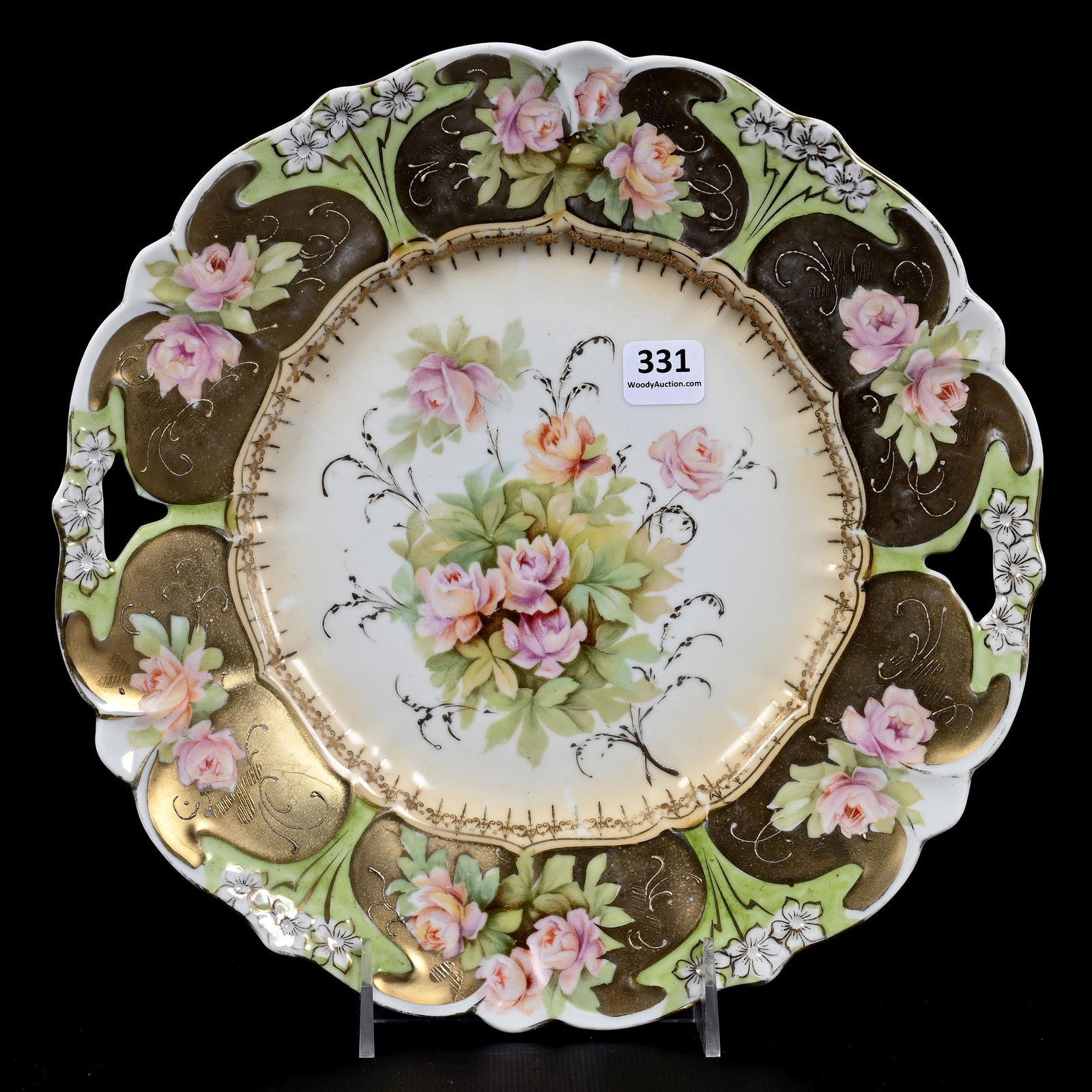 Cake Plate, Unmarked R.S. Prussia: Cake Plate, Unmarked R.S. Prussia, 10.5", Cream Tones, Heavy Gold Border, Pink Rose Decor, The David & Marlene Howard Collection.
