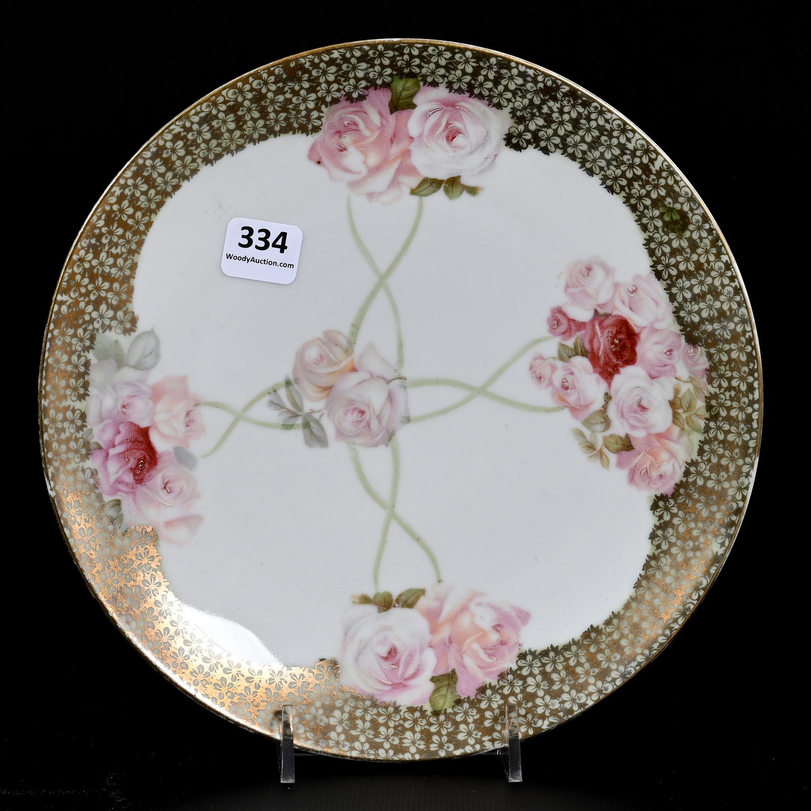 Plate Marked Schlegelmilch: Plate Marked Schlegelmilch, 8.25", White With Green Border, Pink Rose Decor, Heavy Gold Stencil Highlights, The David & Marlene Howard Collection.