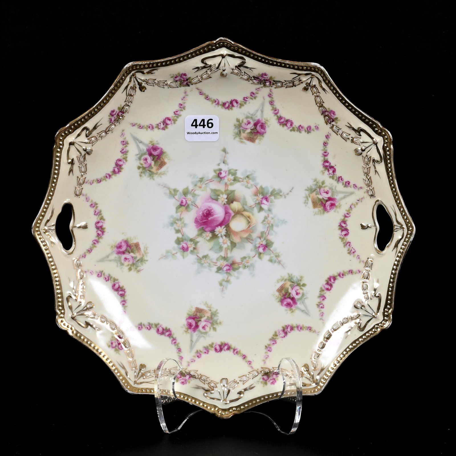 Cake Plate, Unmarked R.S. Prussia: Cake Plate, Unmarked R.S. Prussia, 9.75", Swag And Tassel Mold, Cream Tones, Pink Rose Garland And Hanging Basket Decor, Private Collection.