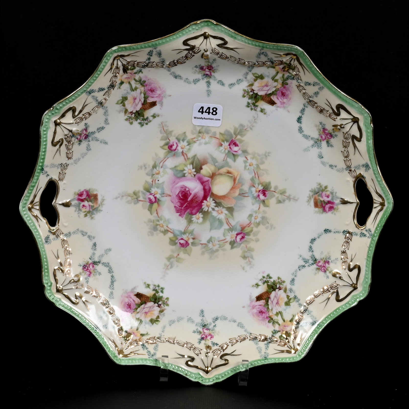 Cake Plate Marked R.S. Prussia: Cake Plate Marked R.S. Prussia, 11", Swag And Tassel Mold, Cream, White And Green Tones, Rose And Hanging Basket Decor, Private Collection.