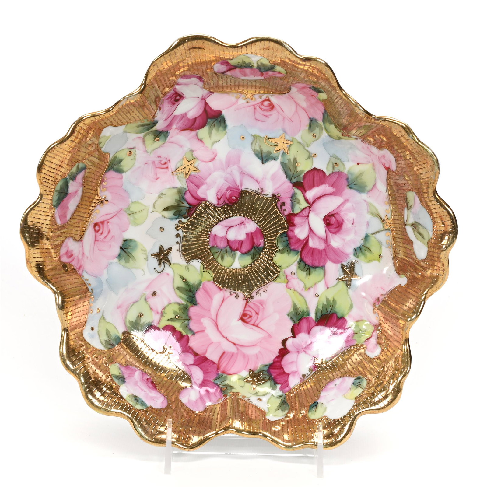 Bowl, Unmarked Nippon Style: Bowl, Unmarked Nippon Style, 10.5", White With Pink Rose Decor, Heavy Gold Border, Texas Personal Collection.