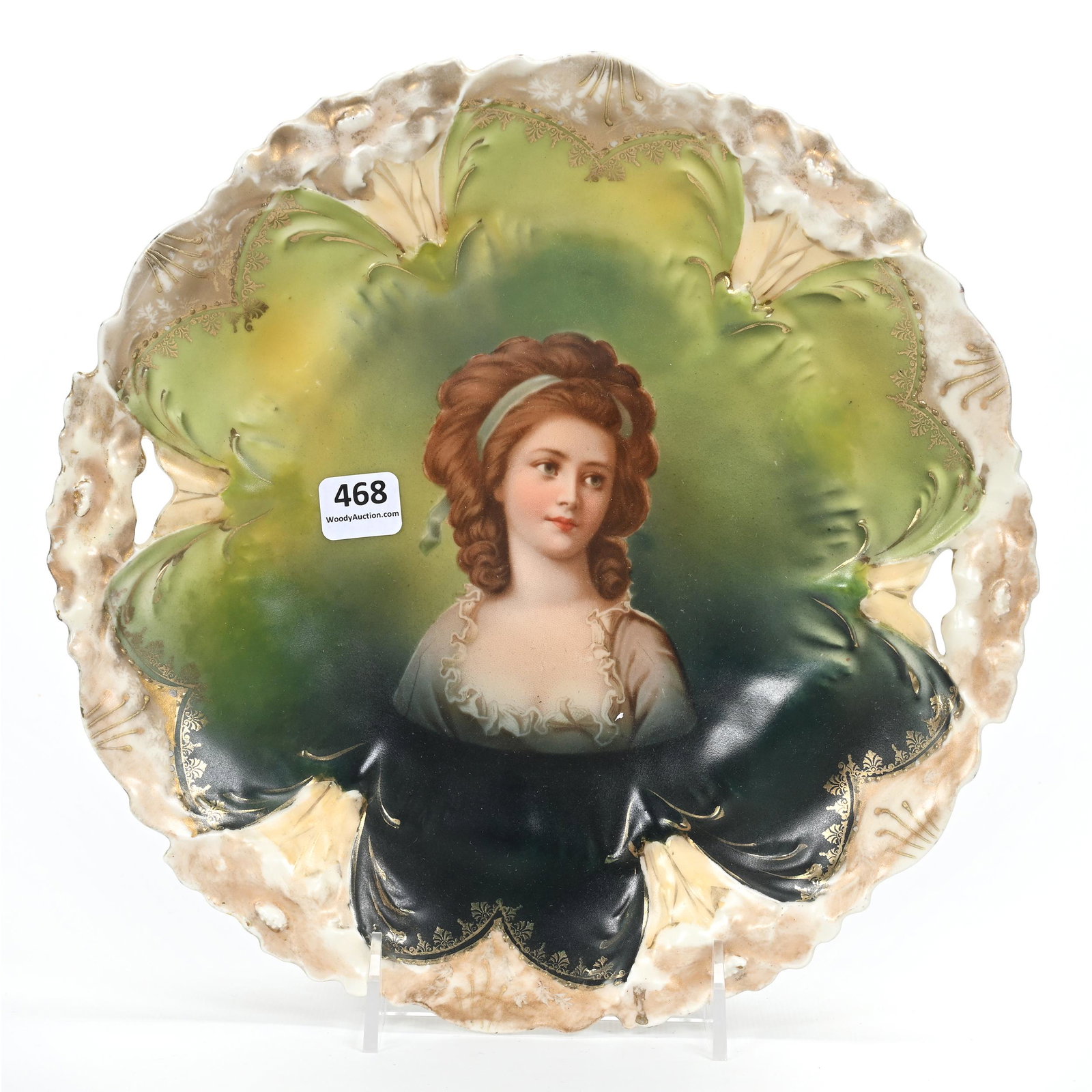 Cake Plate, Unmarked R.S. Prussia: Cake Plate, Unmarked R.S. Prussia, 10.5", Lily Mold, Green Background, Potacka Portrait, Has Had Professional Restoration, Texas Personal Collection.