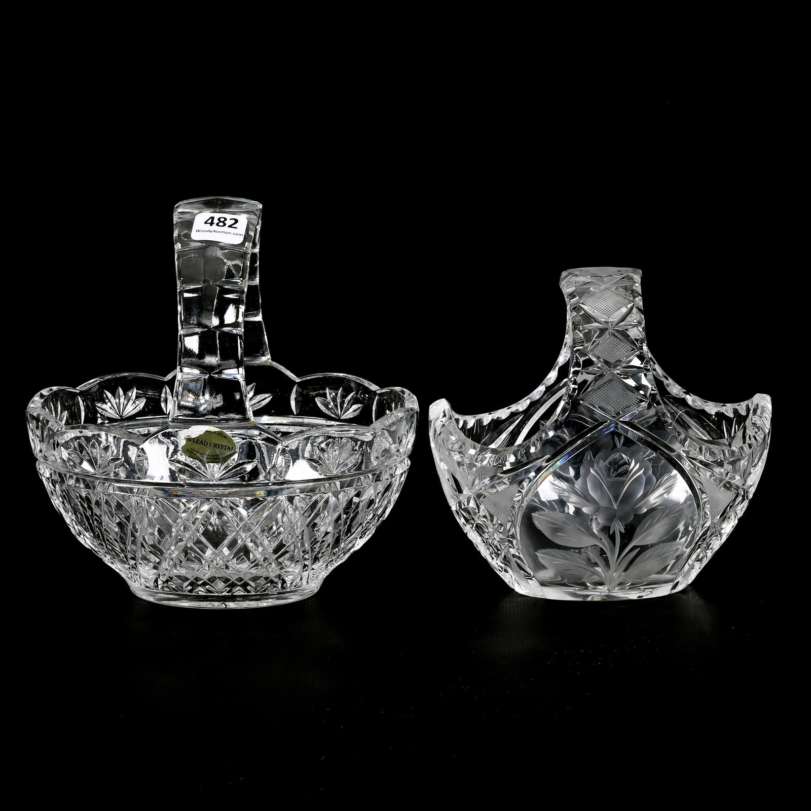 (2) Modern Cut Glass Baskets: (2) Modern Cut Glass Baskets, (1) 7" X 6.5", (1) 5.75" X 5.75" Engraved Floral Design, Private Collection. Of Karin Anderson, Kansas.