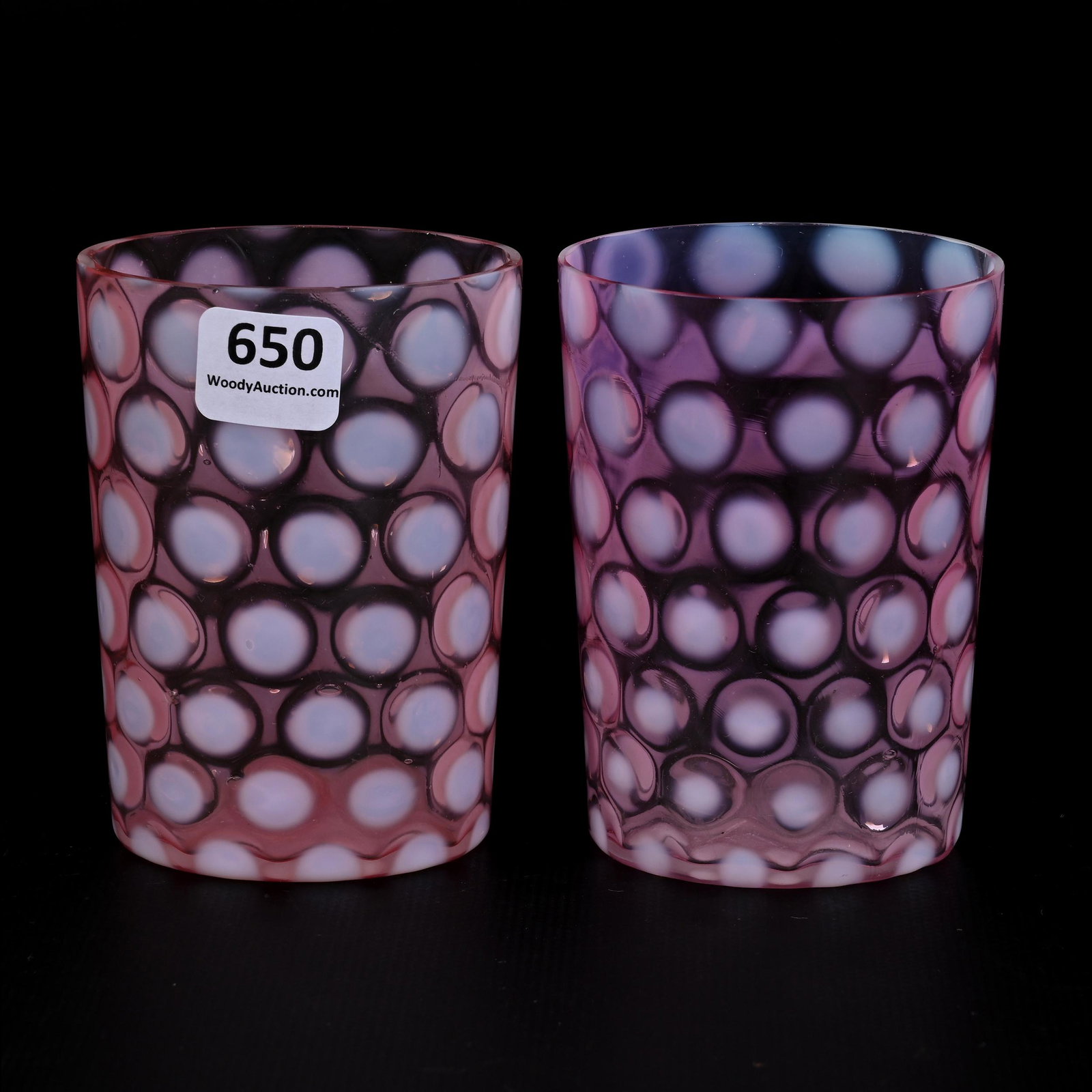 (2) Tumblers, Pink Opalescent Coinspot: (2) Tumblers, Pink Opalescent Coinspot, 3.75". Lee Marple Collection, California.