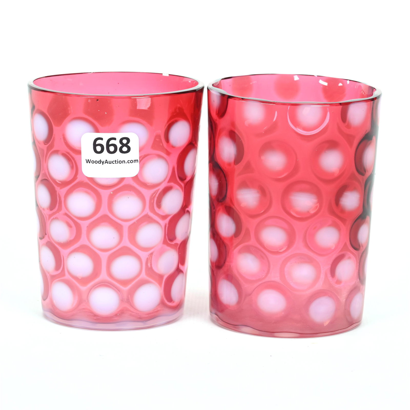 (2) Tumblers, Cranberry Opalescent Coinspot: (2) Tumblers, Cranberry Opalescent Coinspot, 3.75" x 2.75". Rim Chip On One, Lee Marple Collection, California.
