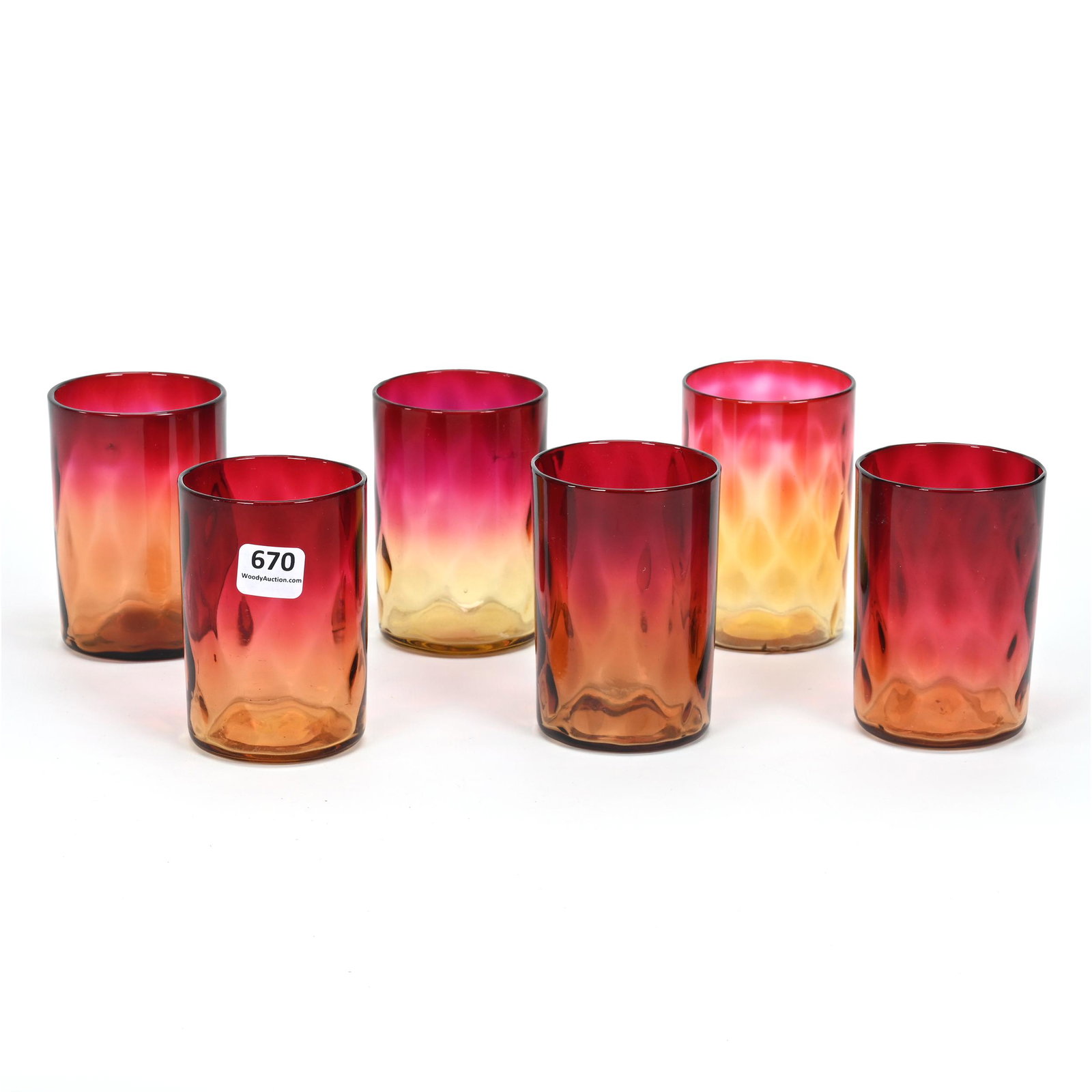 (6) Tumblers, Amberina Art Glass: (6) Tumblers, Amberina Art Glass, 3.75" x 2.5" Approximately, Diamond Optic Design, Polished Pontil Base, Various Heights And Coloring, Base Bruise On One, Lee Marple Collection, California.
