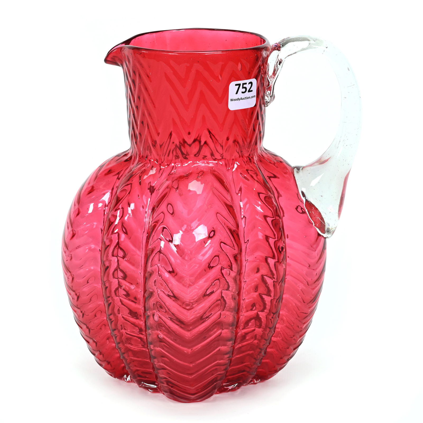 Water Pitcher, Cranberry Zigzag Optic Art Glass (1 of 3)