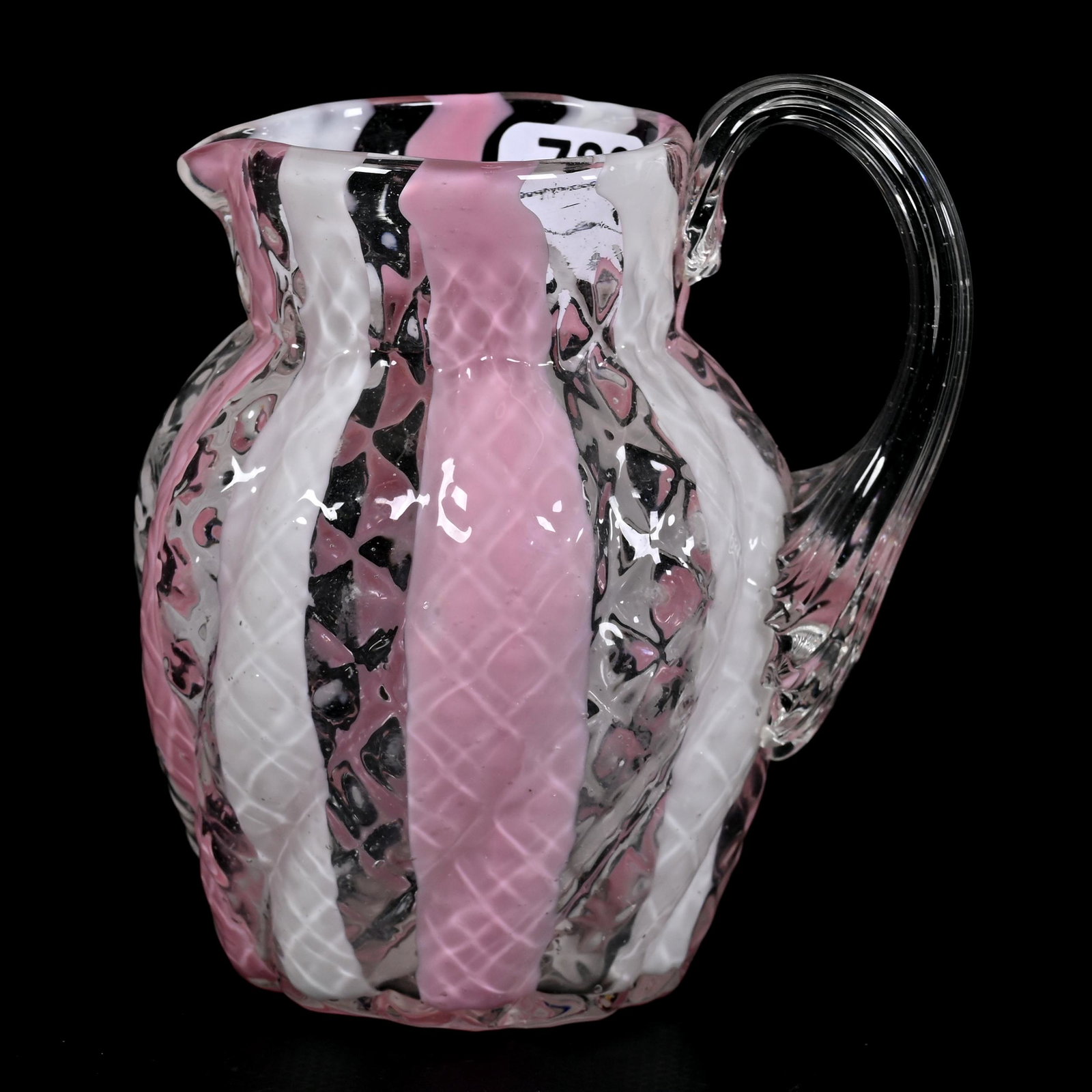 Pitcher, Clear Art Glass, White & Pink Stripe Design (1 of 3)