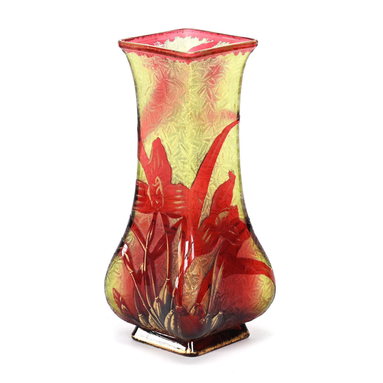 Vase, Unmarked Baccarat Art Glass: Vase, Unmarked Baccarat Art Glass, 10" x 4.25", Square Form, Green Acid Cut Ground With Dark Cranberry Floral Overlay, Gold Stencil Highlights, Polished Pontil Base, Oklahoma Personal Collection.