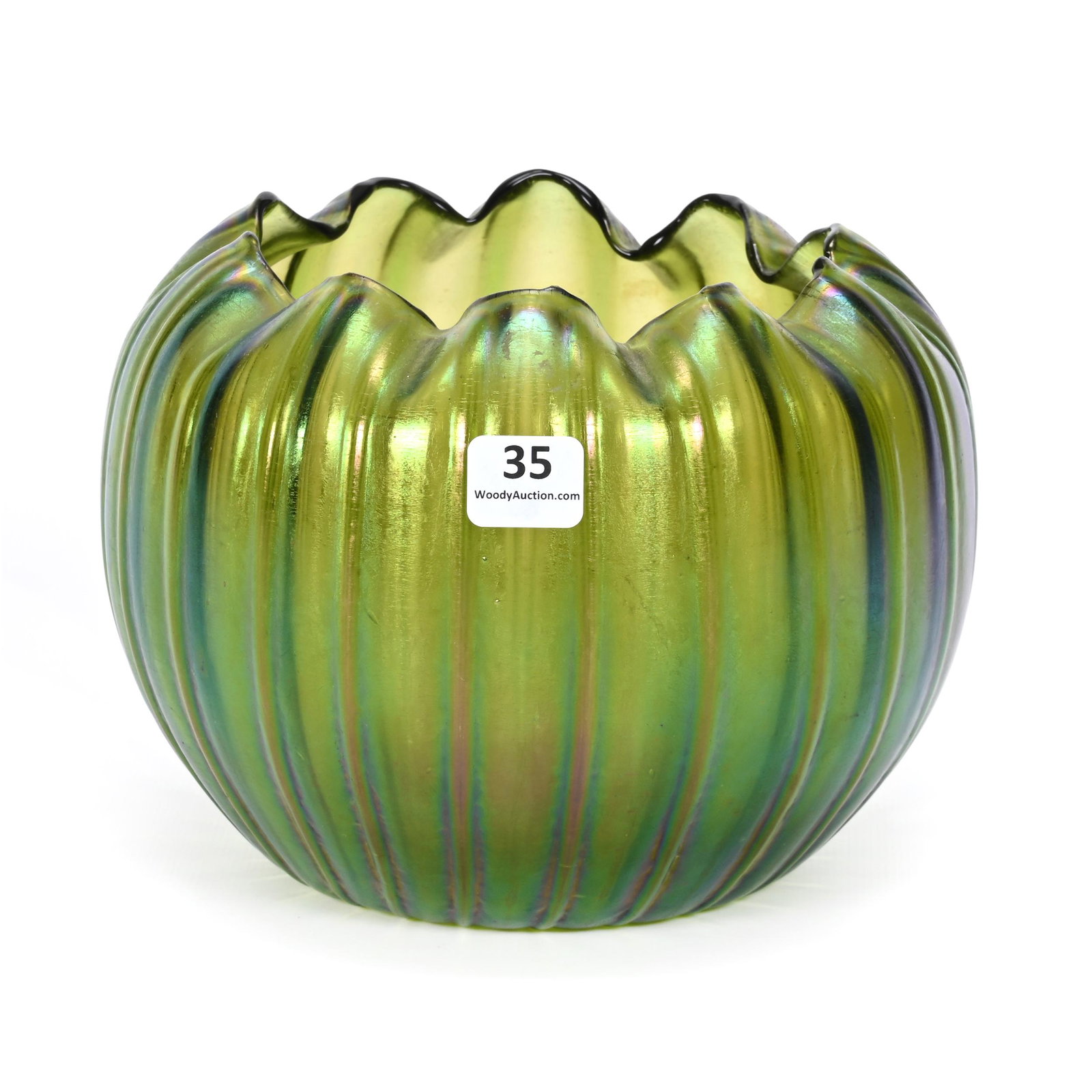 Rose Bowl, Unmarked Loetz Style Art Glass: Rose Bowl, Unmarked Loetz Style Art Glass, 5.25" x 6.75", Green Iridescent, Ribbed Design, Polished Pontil Base, Oklahoma Personal Collection.