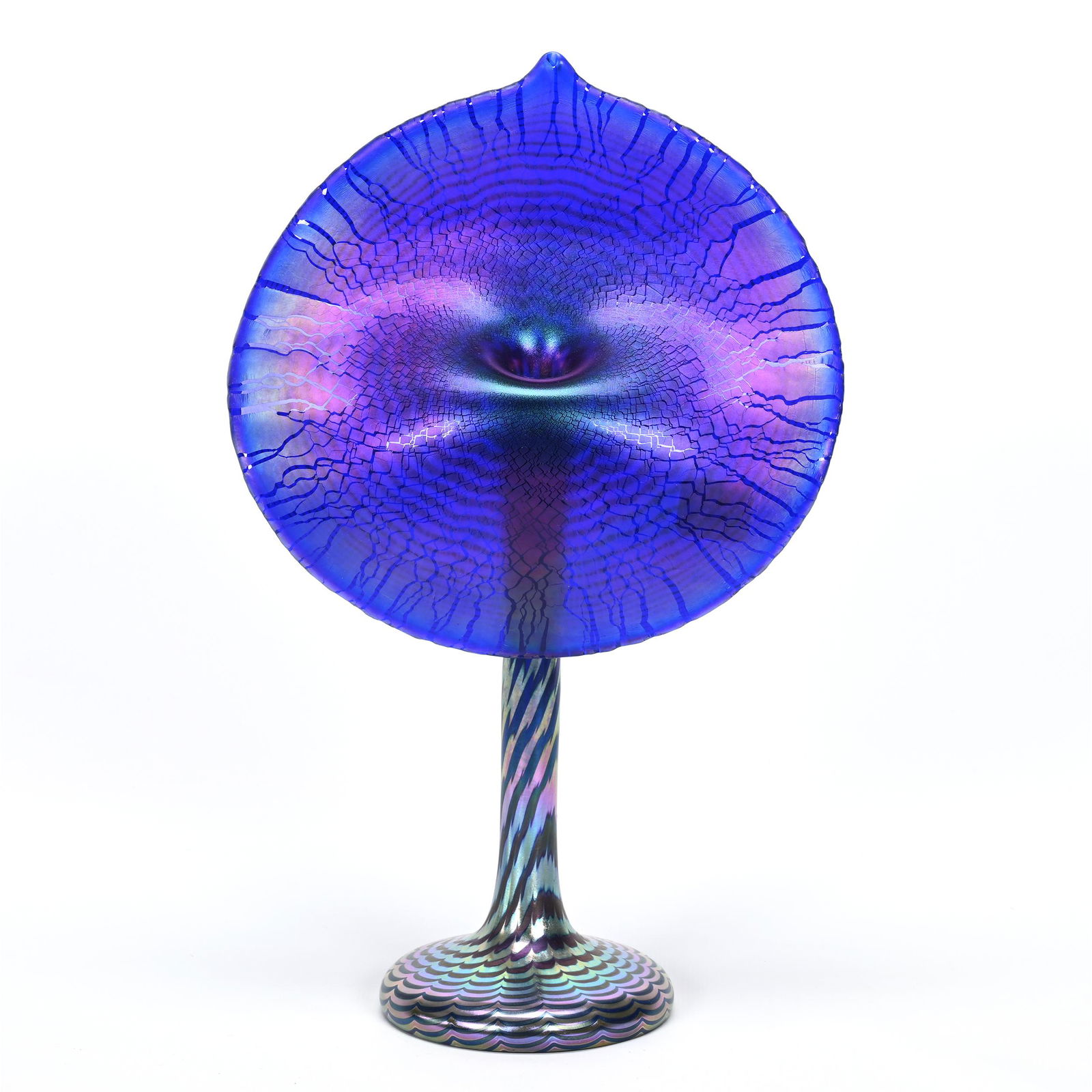 Vase, Contemporary Art Glass Signed Correia: Vase, Contemporary Art Glass Signed Correia, 11.75" x 7.25", Jack In Pulpit Shape, Beautiful Blue Iridescence With Silver/Gold Web Design, Oklahoma Personal Collection.