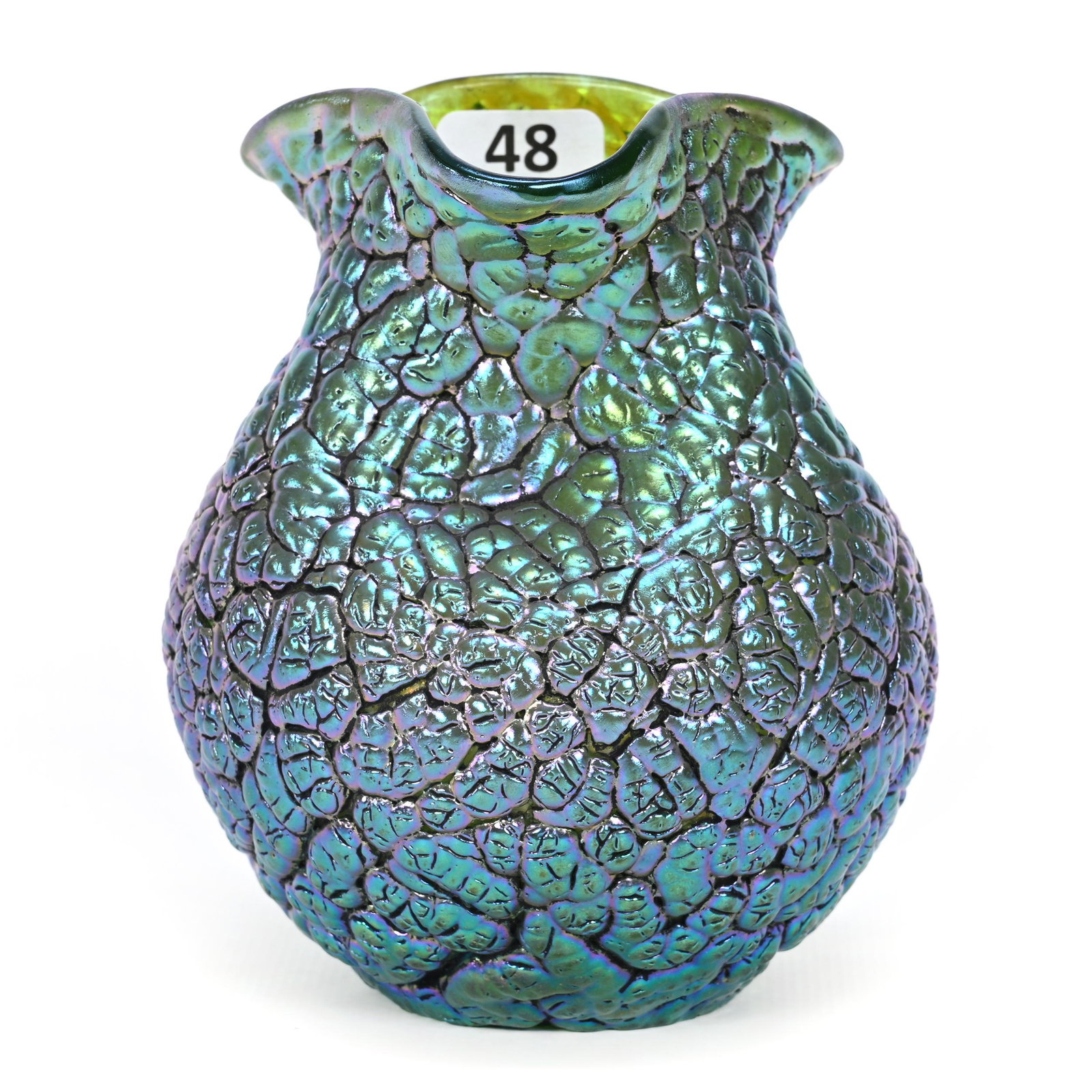 Vase, Unmarked Loetz PG 377 Art Glass: Vase, Unmarked Loetz PG 377 Art Glass, 4.75" x 4", Also Known As "Brain" Glass, Green Iridescence, Great Color, Polished Pontil Base, Oklahoma Personal Collection.
