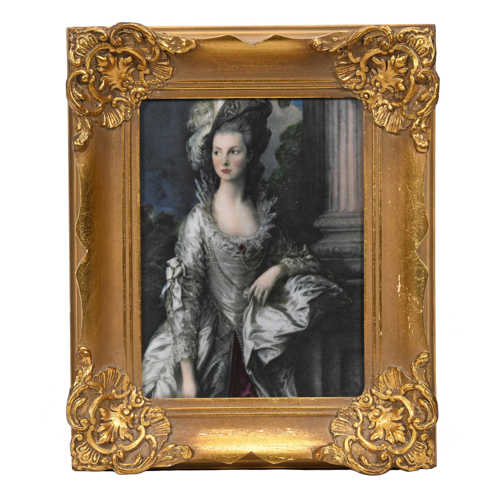 German Porcelain Plaque Marked RPM: German Porcelain Plaque Marked RPM, 9.5" x 7.25", Portrait Of Classically Dressed Woman, Mounted In 13.25" X 11" Gilt Wooden Frame, Unknown Age, Oklahoma Personal Collection.