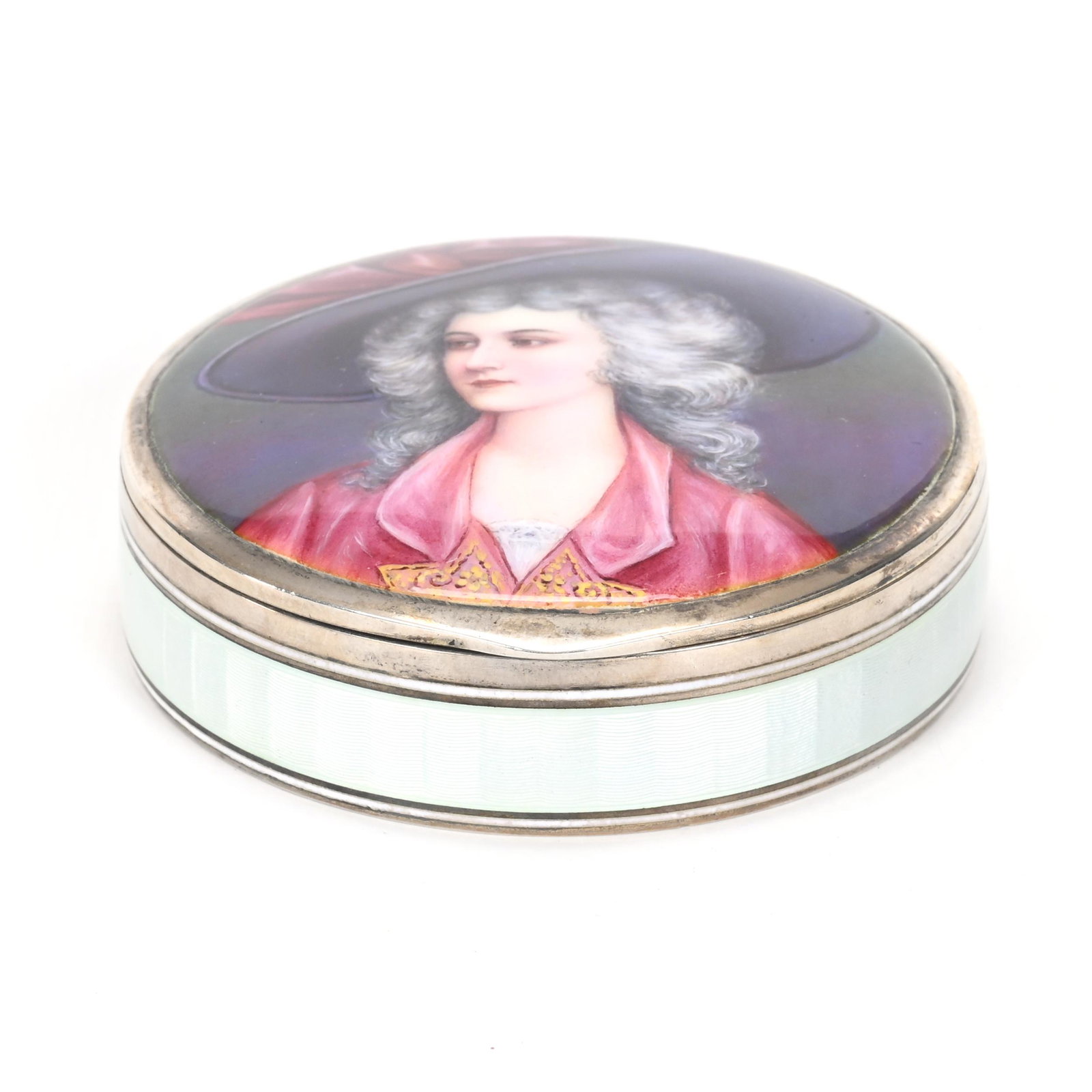 Compact, .900 Sterling And French Enamel: Compact, .900 Sterling And French Enamel, 1" x 3", Portrait Of Young Woman On Lid, Very Nice Quality, Oklahoma Personal Collection.