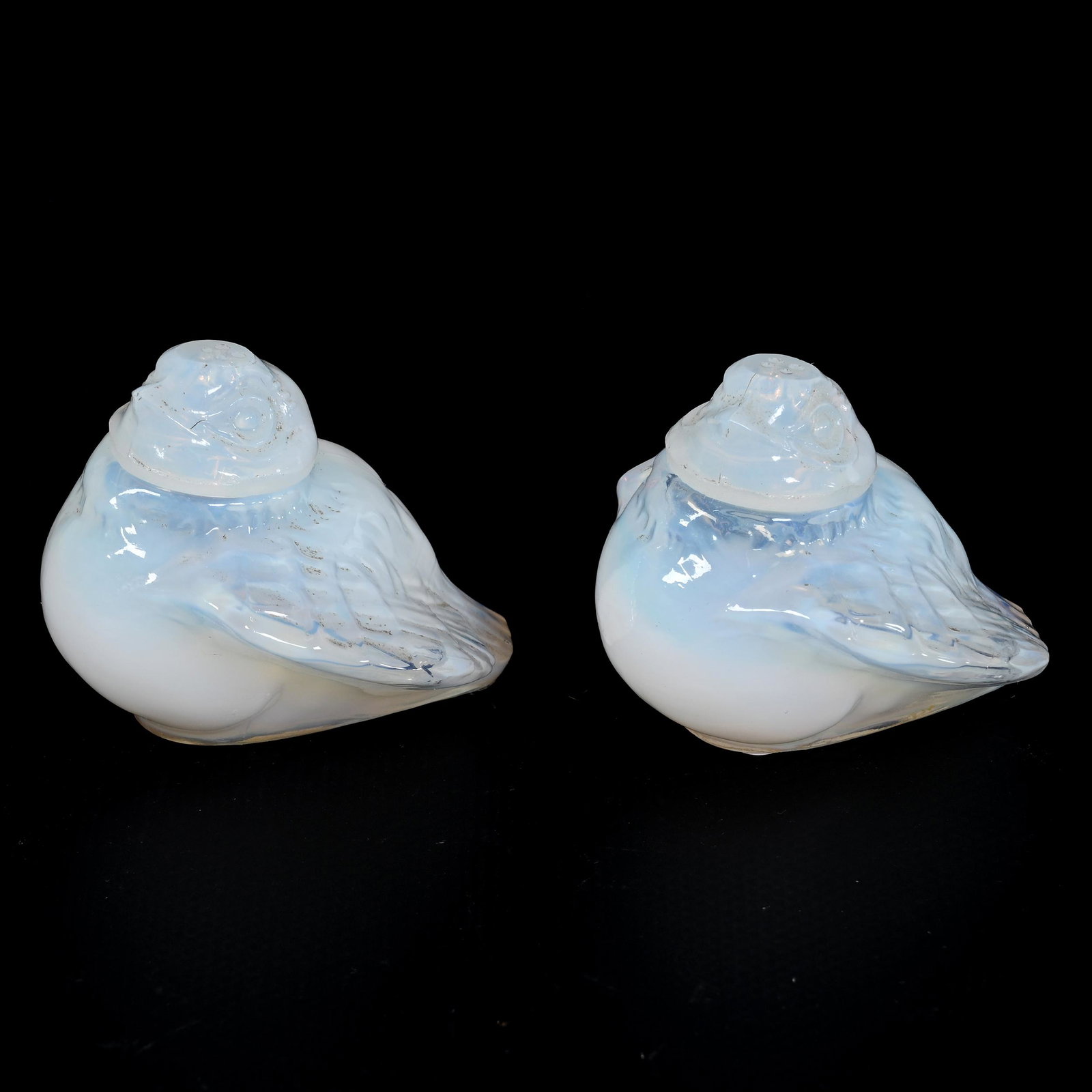 Figural Salt & Pepper Set Marked Czechoslovakia: Figural Salt & Pepper Set Marked Czechoslovakia, 2" x 2.5", White Opaque In Style Of Sabino Glass, Oklahoma Personal Collection.