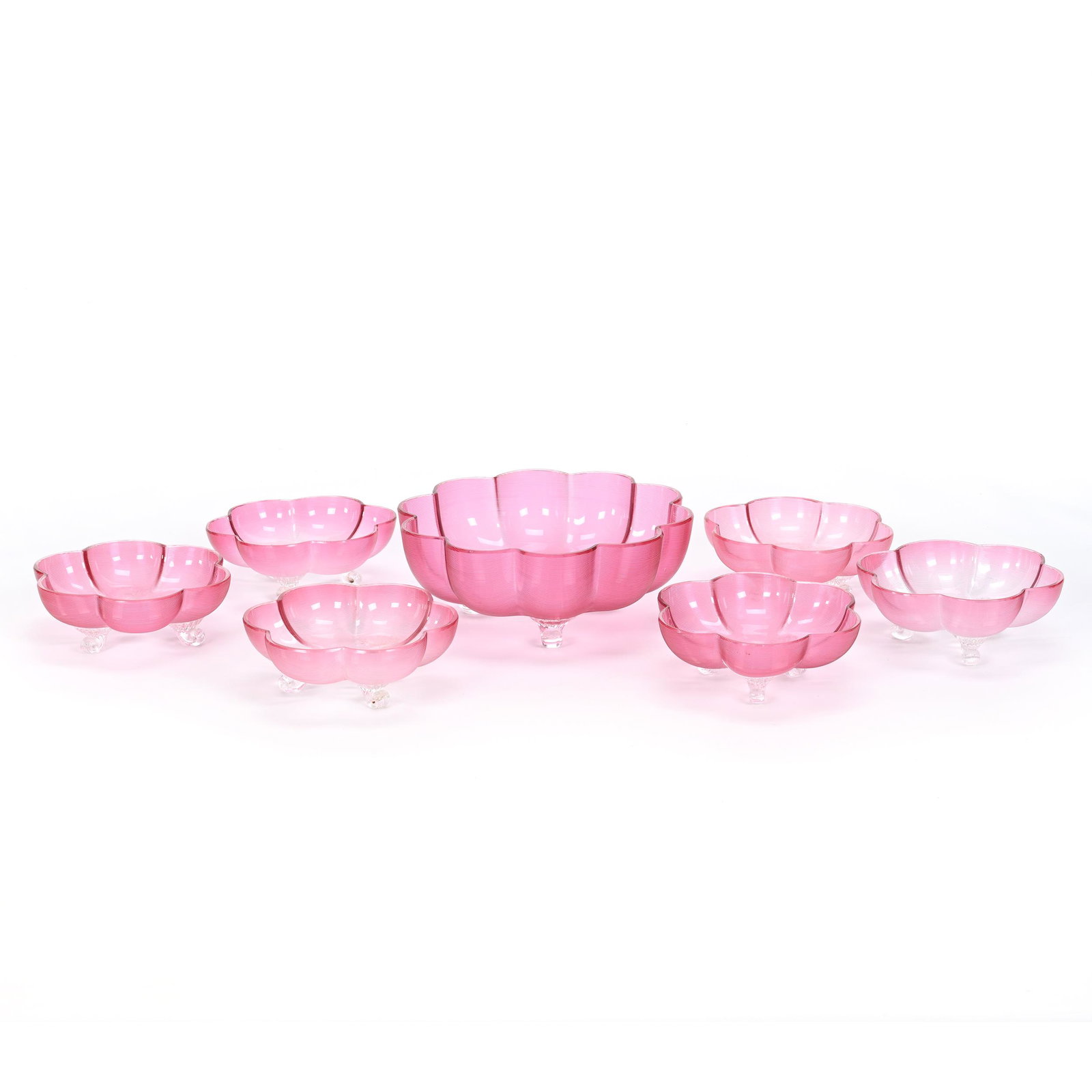 Footed Berry Set, Threaded Cranberry Art Glass (1 of 5)