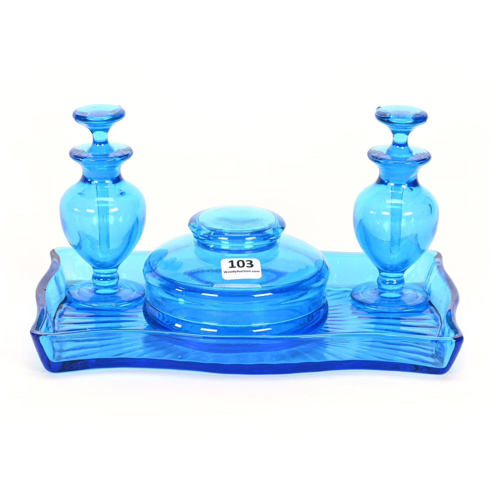 Dresser Set, Four Piece, Solid Blue Glass, Unmarked (1 of 3)