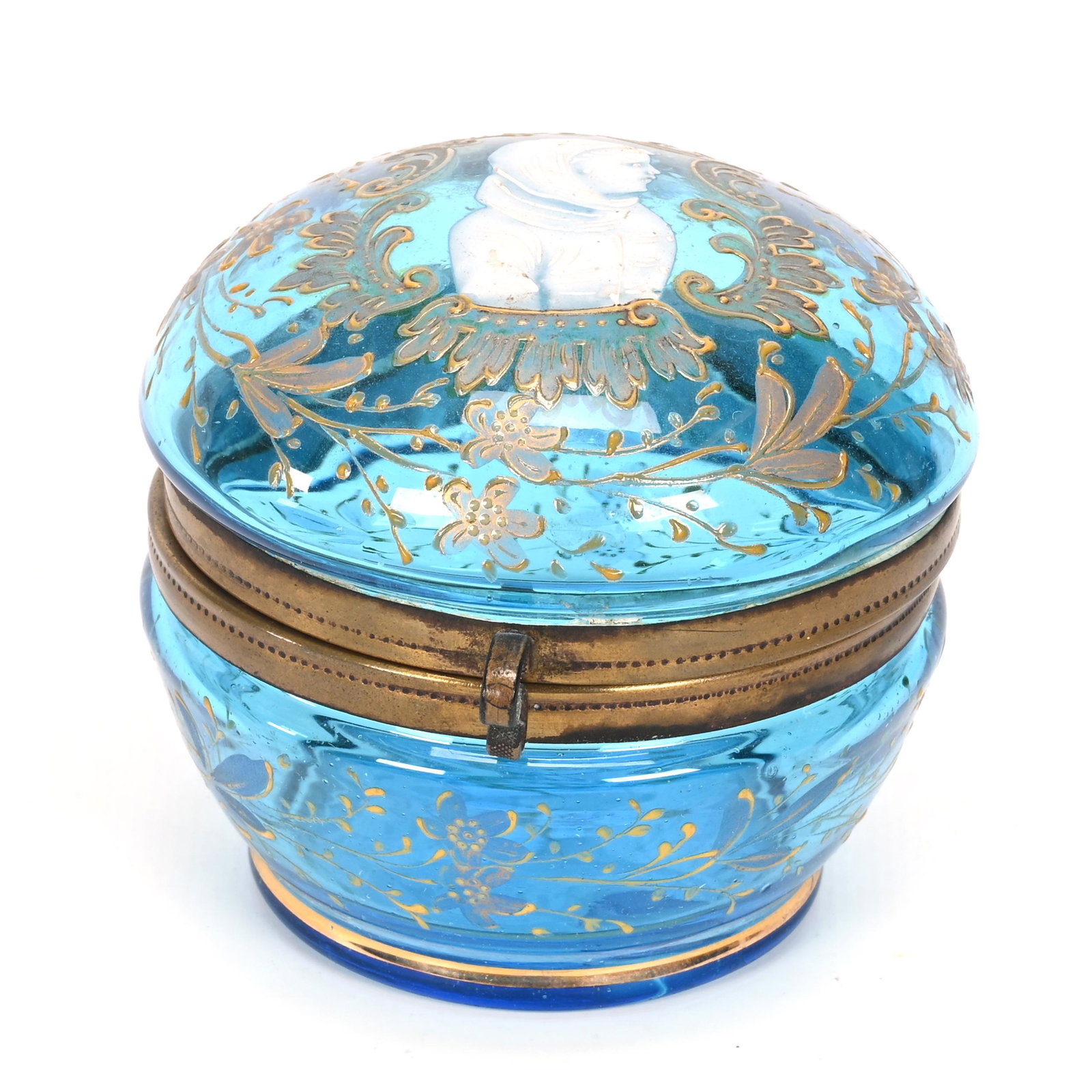 Jewel Box, Blue Art Glass, Mary Gregory Type Decor: Jewel Box, Blue Art Glass, Mary Gregory Type Decor, 3" x 3.25", Gold Enamel Floral Scroll Highlights, Oklahoma Personal Collection.