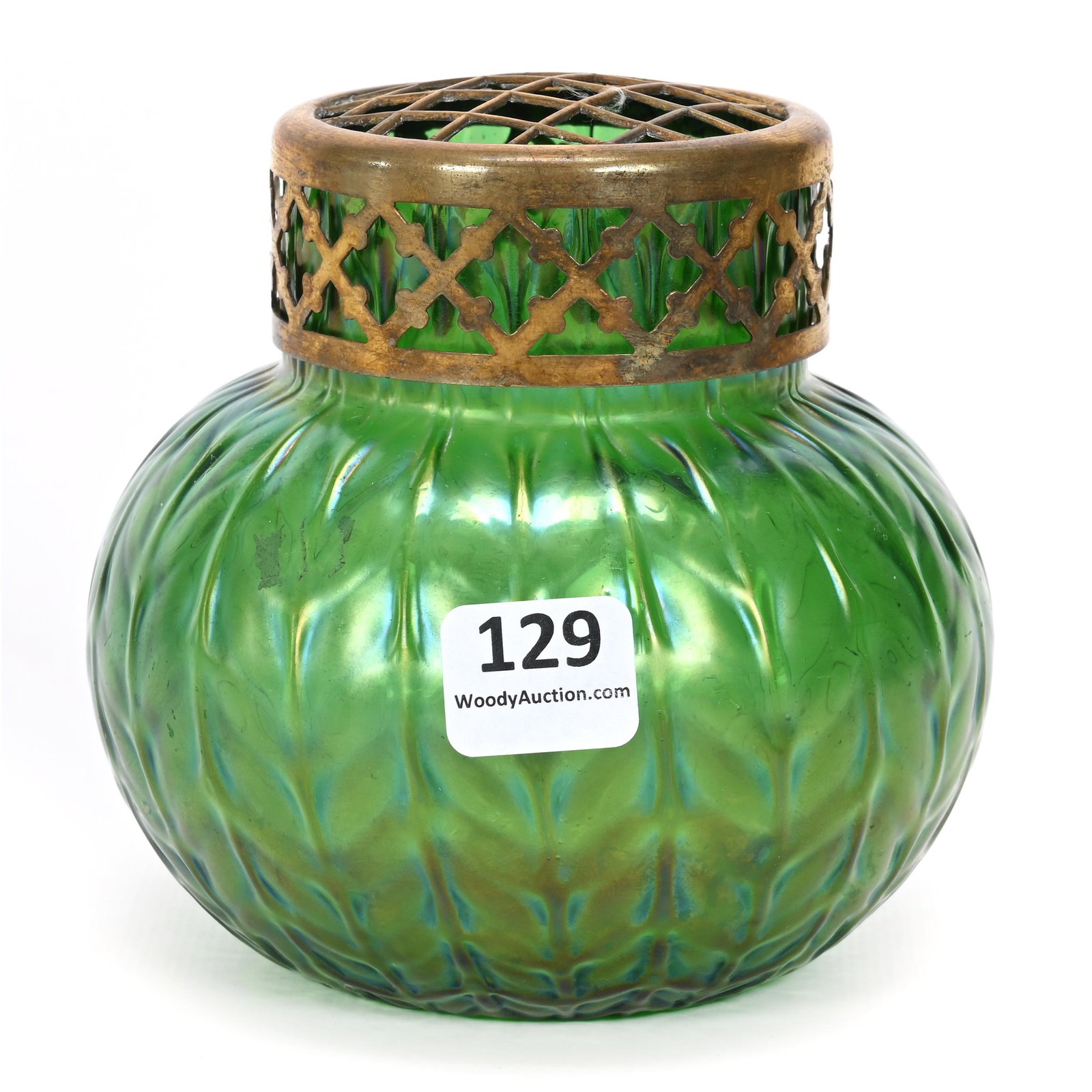 Vase, Green Bohemian Art Glass: Vase, Green Bohemian Art Glass, 4.25" x 4.5", Resembles Neptune Pattern By Loetz, Gilt Metal Flower Frog Top, Oklahoma Personal Collection.