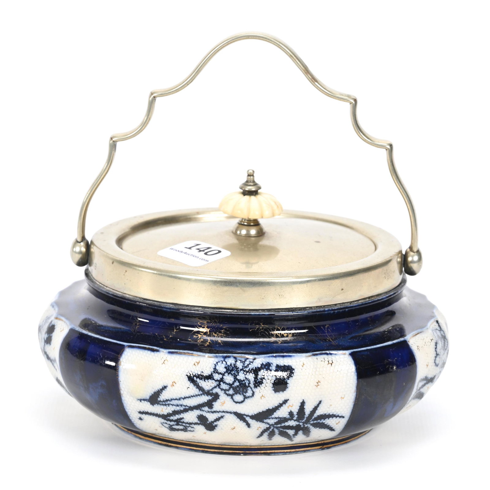 Sweetmeat Marked Royal Doulton Lambeth Slater: Sweetmeat Marked Royal Doulton Lambeth Slater, 3.5" x 5.5", Cobalt Blue And White With Tapestry Panels, Floral Decor, Silverplate Lid And Bail, Bone Finial, Oklahoma Personal Collection.