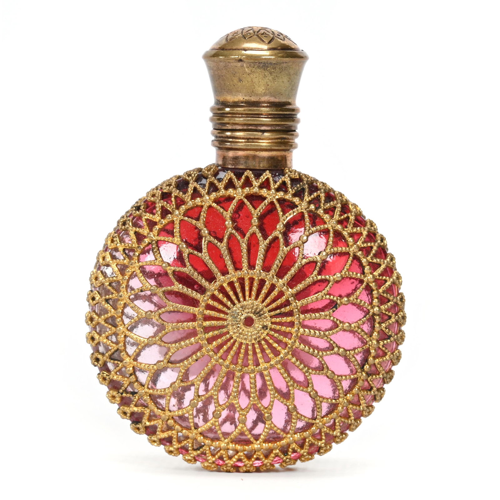 Flask Shaped Perfume, Rubina Art Glass: Flask Shaped Perfume, Rubina Art Glass, 2.75" x 2", Gilt Metal Overlay, Flip Lid, Original Stopper, Oklahoma Personal Collection.