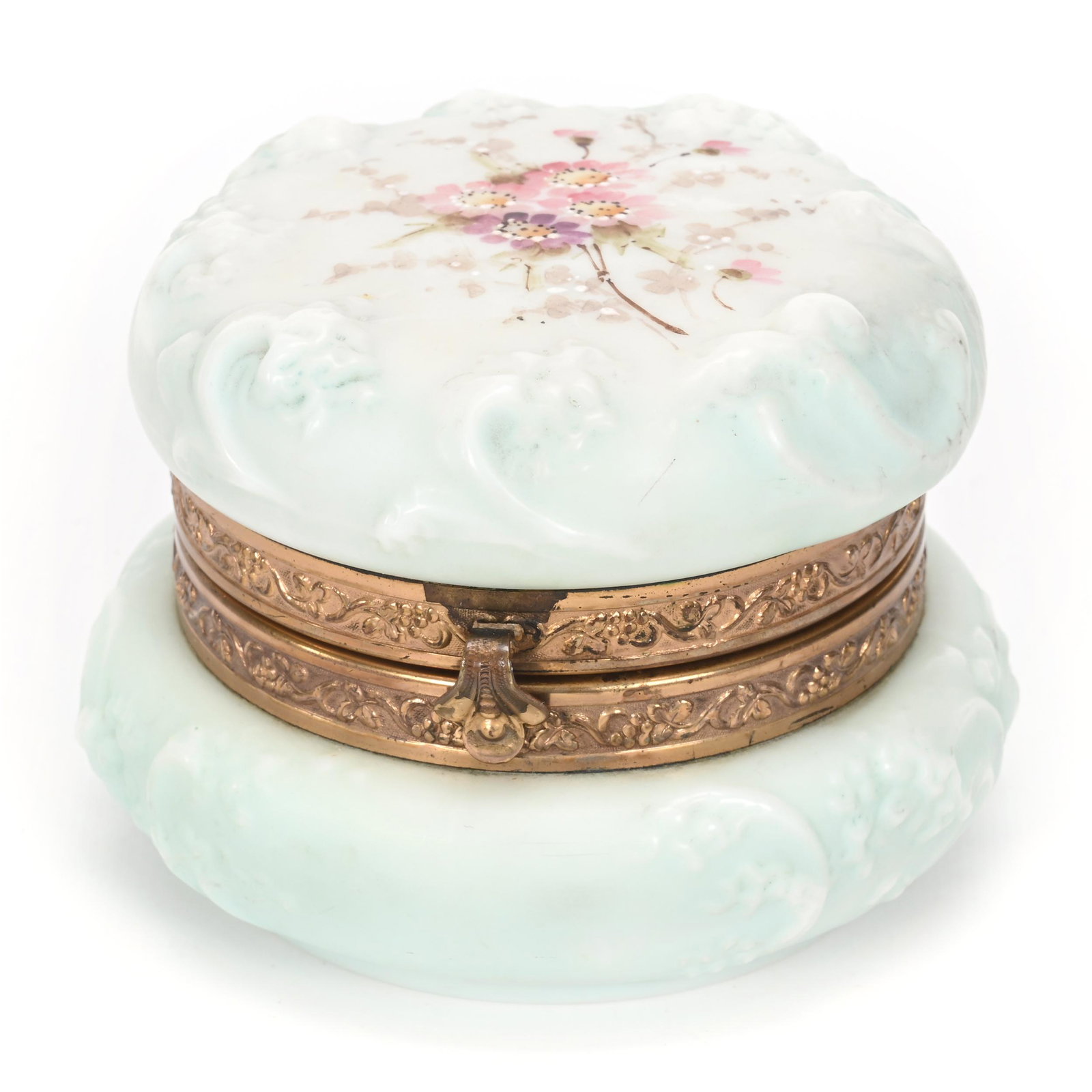 Jewel Box, Wave Crest Stamp Mark: Jewel Box, Wave Crest Stamp Mark, 3.25" x 4", Sea Foam Mold, Blue And White Tones, Pink Floral Decor, Oklahoma Personal Collection.