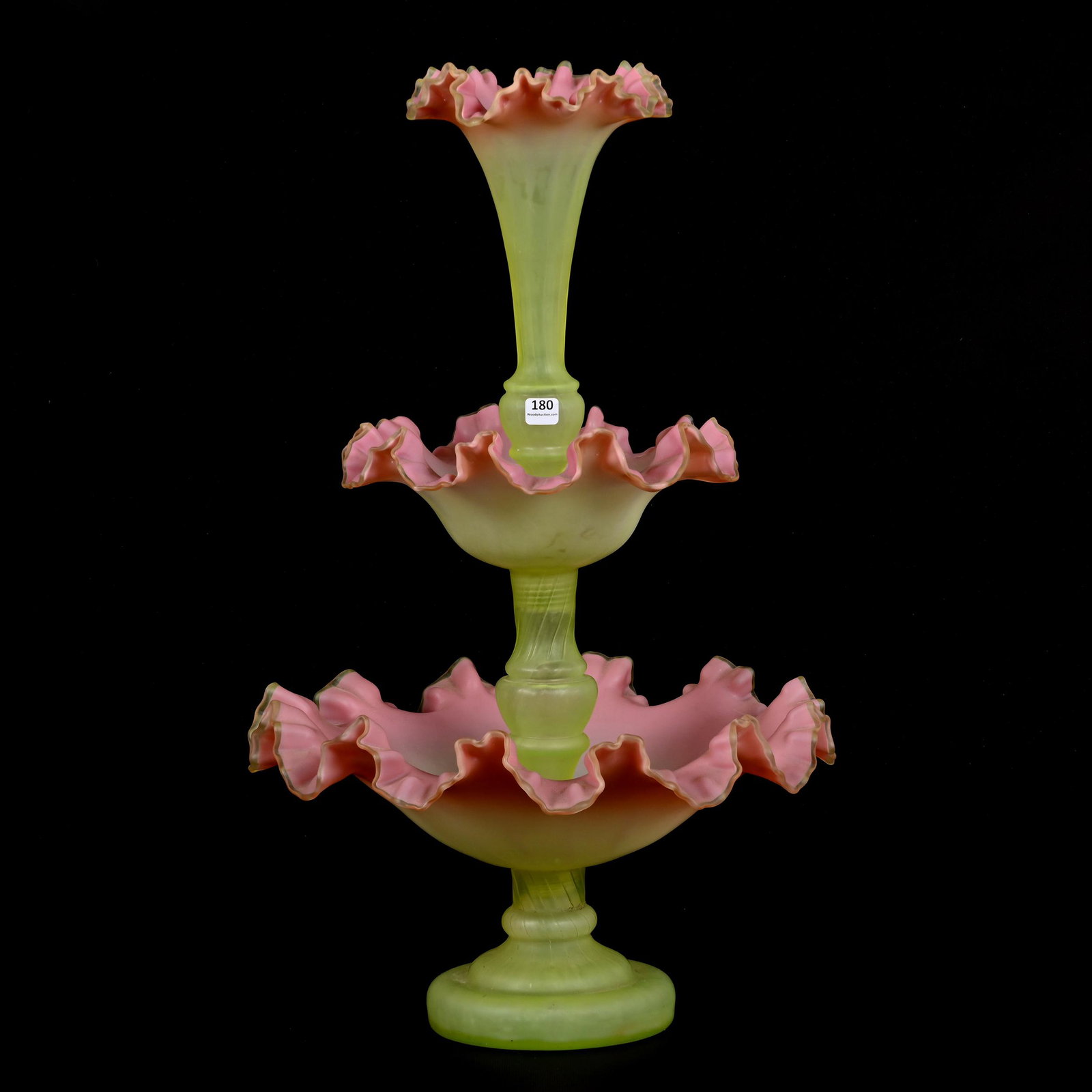 Massive Epergne, Three Part, Two Tier: Massive Epergne, Three Part, Two Tier, 25.5" x 16", Frosted Vaseline Shading To Pink Art Glass, Two Ruffled Tier Bowls, Matching Ruffled Center Lily, Highly Reactive Under Black Light, Oklahoma Person
