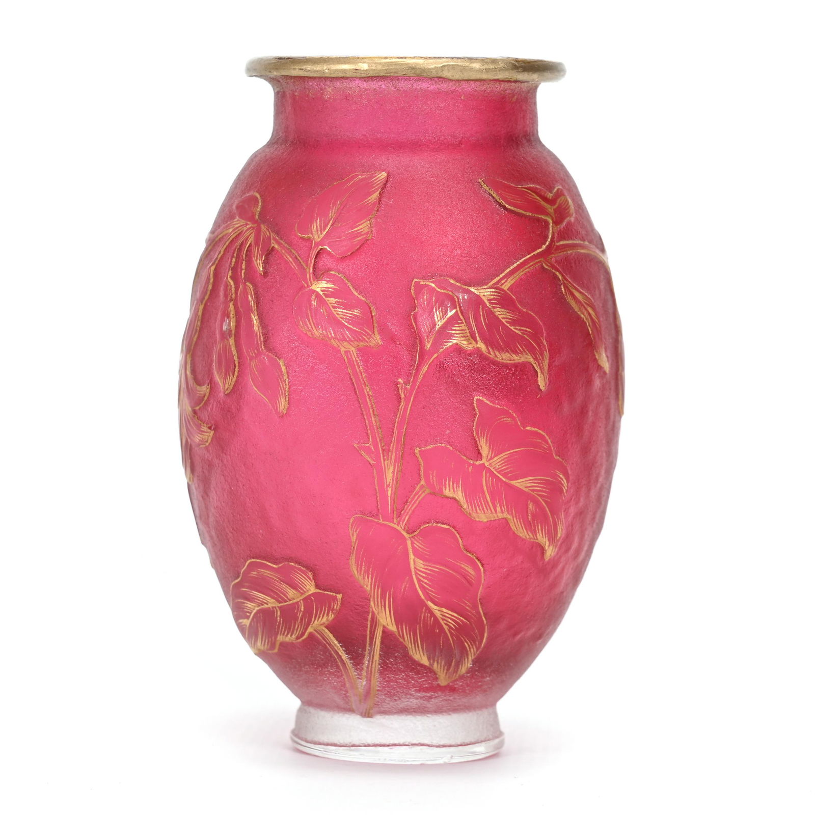Vase, French Cameo Art Glass Signed Daum Nancy: Vase, French Cameo Art Glass Signed Daum Nancy, 3.5" x 2.25", Cased Deep Cranberry With Acid Cut Frosted Finish, Cameo Carved Floral Blossom Decor, Gold Stencil Highlights, Oklahoma Personal Collectio