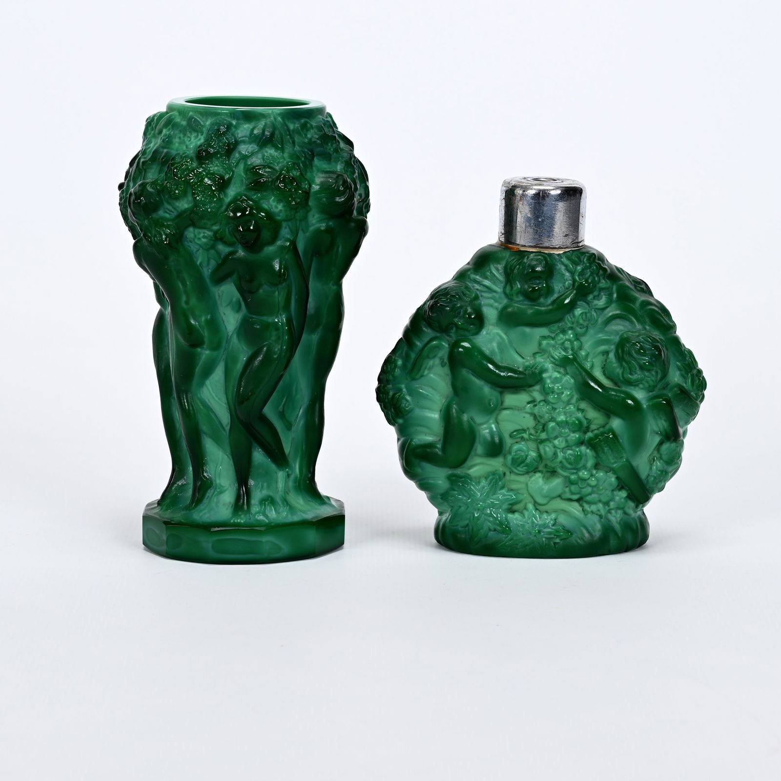 (2) Czechoslovakia Green Malachite Items: (2) Czechoslovakia Green Malachite Items, (1) 5" X 2.75", Vase, Six Nudes Circling Vase, (1) 4" X 3.75", Atomizer, Six Cherubs, Unknown Substance On One Side Which Appears To Be Wax, But Is Hard, No T