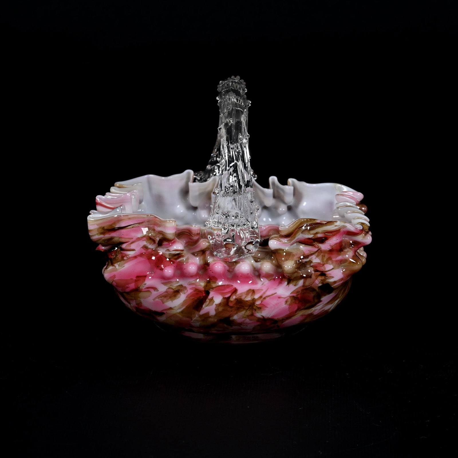 Basket, Victorian Art Glass, Cased: Basket, Victorian Art Glass, Cased, 5.25" x 5.75", End Of Day, Square, Ruffled Rim, Clear Applied Thorn Handle, Oklahoma Personal Collection.