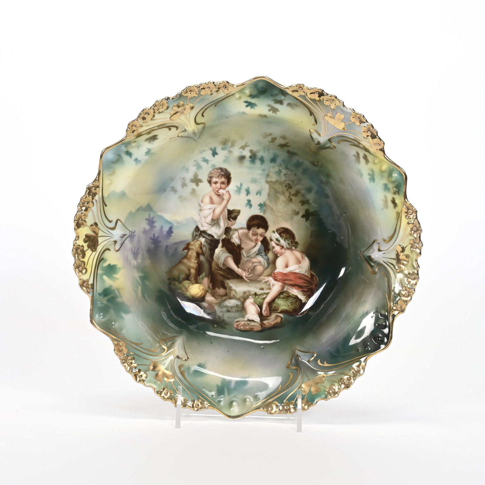 Bowl, Unmarked R.S. Prussia, Point & Clover Mold: Bowl, Unmarked R.S. Prussia, Point & Clover Mold, 10.75", Green Tones, Dice Throwers Scenic Decor, Nice Gold Stencil Highlights, Private Collection.