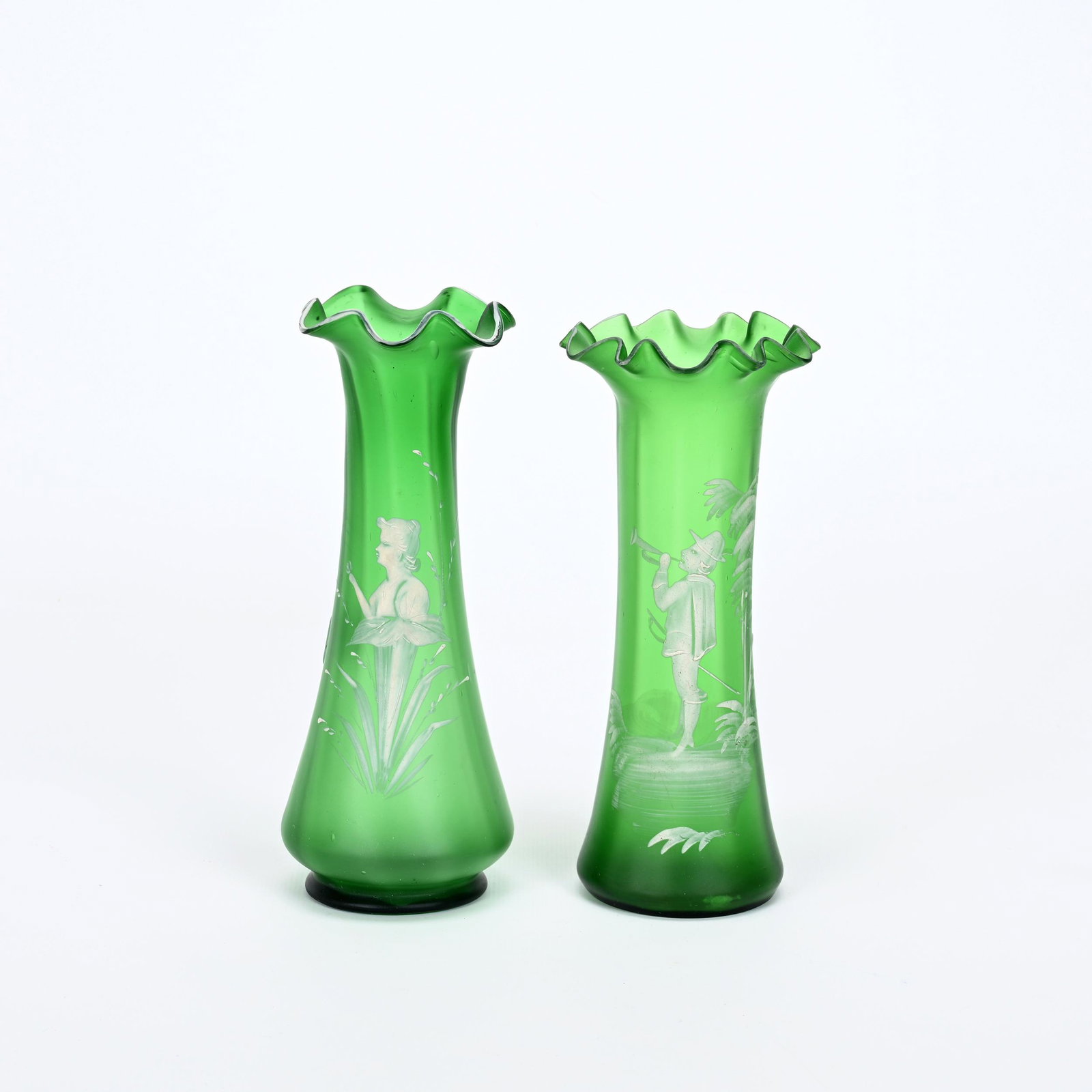 (2) Vases, Green Satin Art Glass: (2) Vases, Green Satin Art Glass, Mary Gregory Style Scenes, (1) 7.5", Young Girl Blooming From Flower, (1) 7.25", Swordsman Blowing Horn, Private Collection.