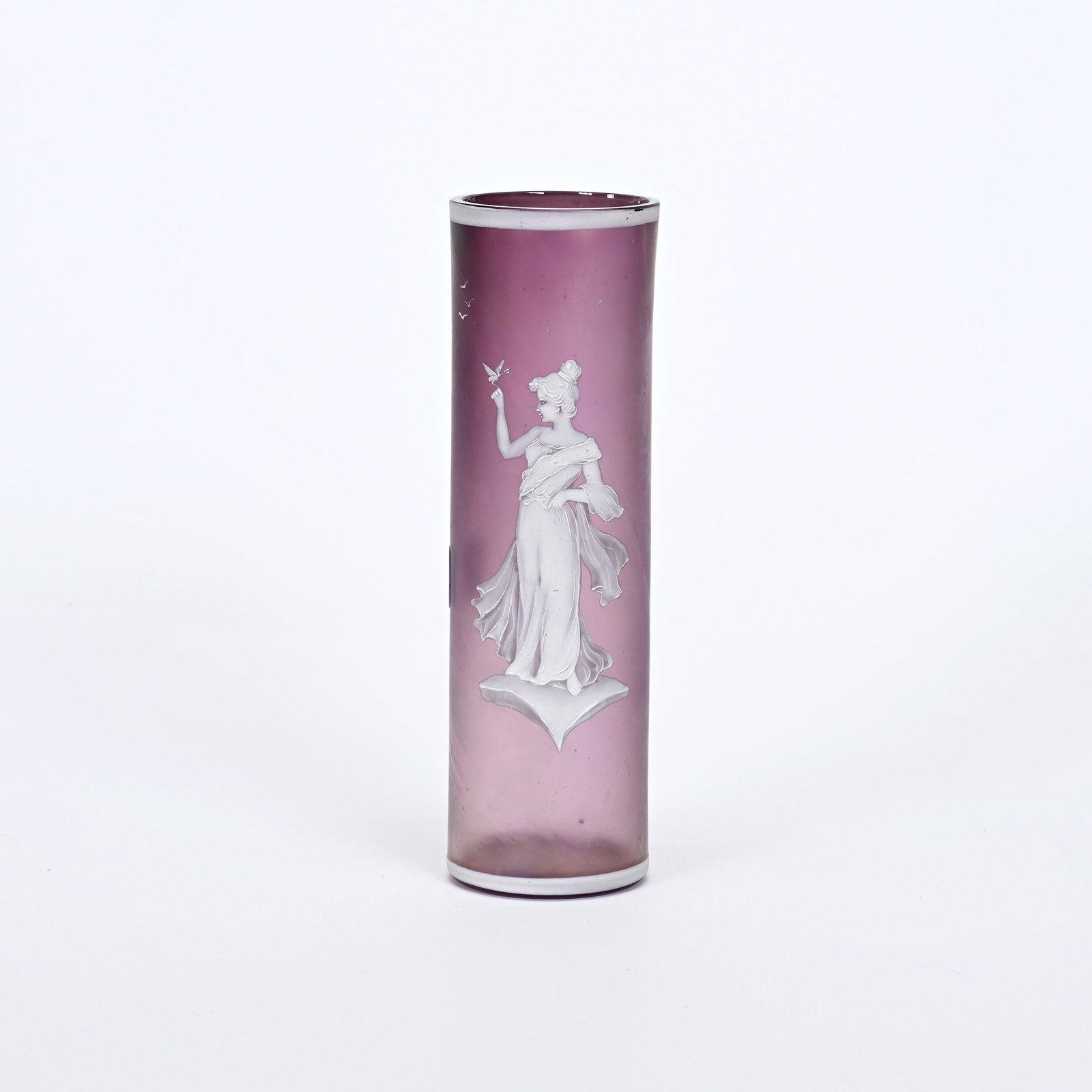Cylinder Vase, Iridescent Amethyst Art Glass: Cylinder Vase, Iridescent Amethyst Art Glass, 7.5" x 2.25", Mary Gregory Style Scene Of Young Woman And Butterfly, Private Collection.