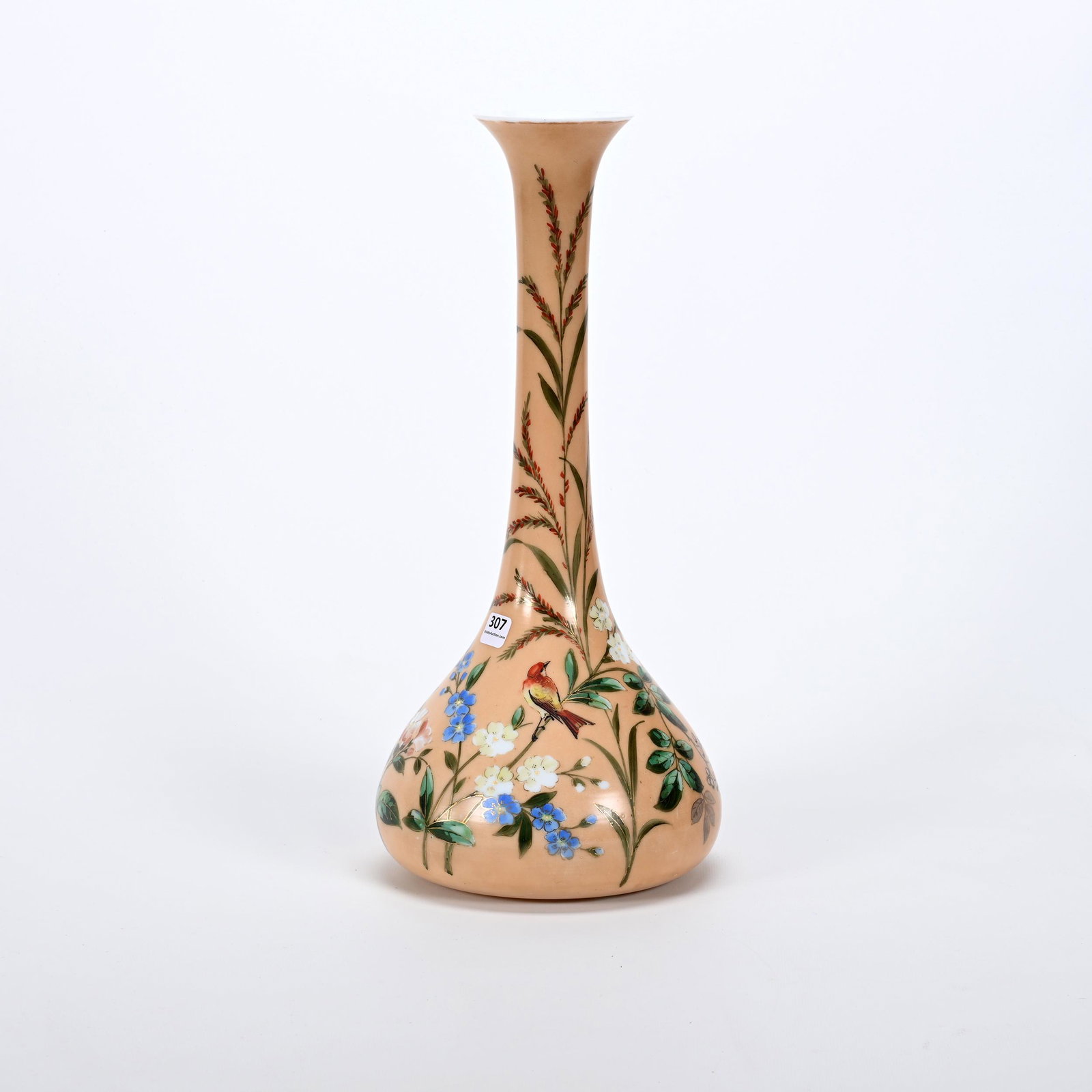 Vase, French Opaline Art Glass: Vase, French Opaline Art Glass, 15.5" x 7.5", Brown Ground, Colorful Bird And Floral Decor, Private Collection.