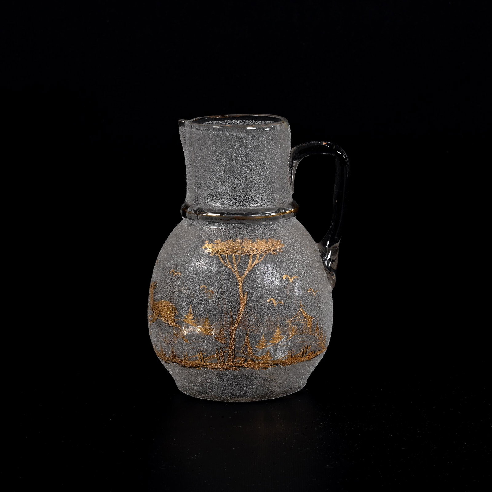 Water Pitcher, Clear Bohemian Overshot Art Glass: Water Pitcher, Clear Bohemian Overshot Art Glass, 8.5" x 6", Gold Stencil Decor Of Stag And Doe, Private Collection.