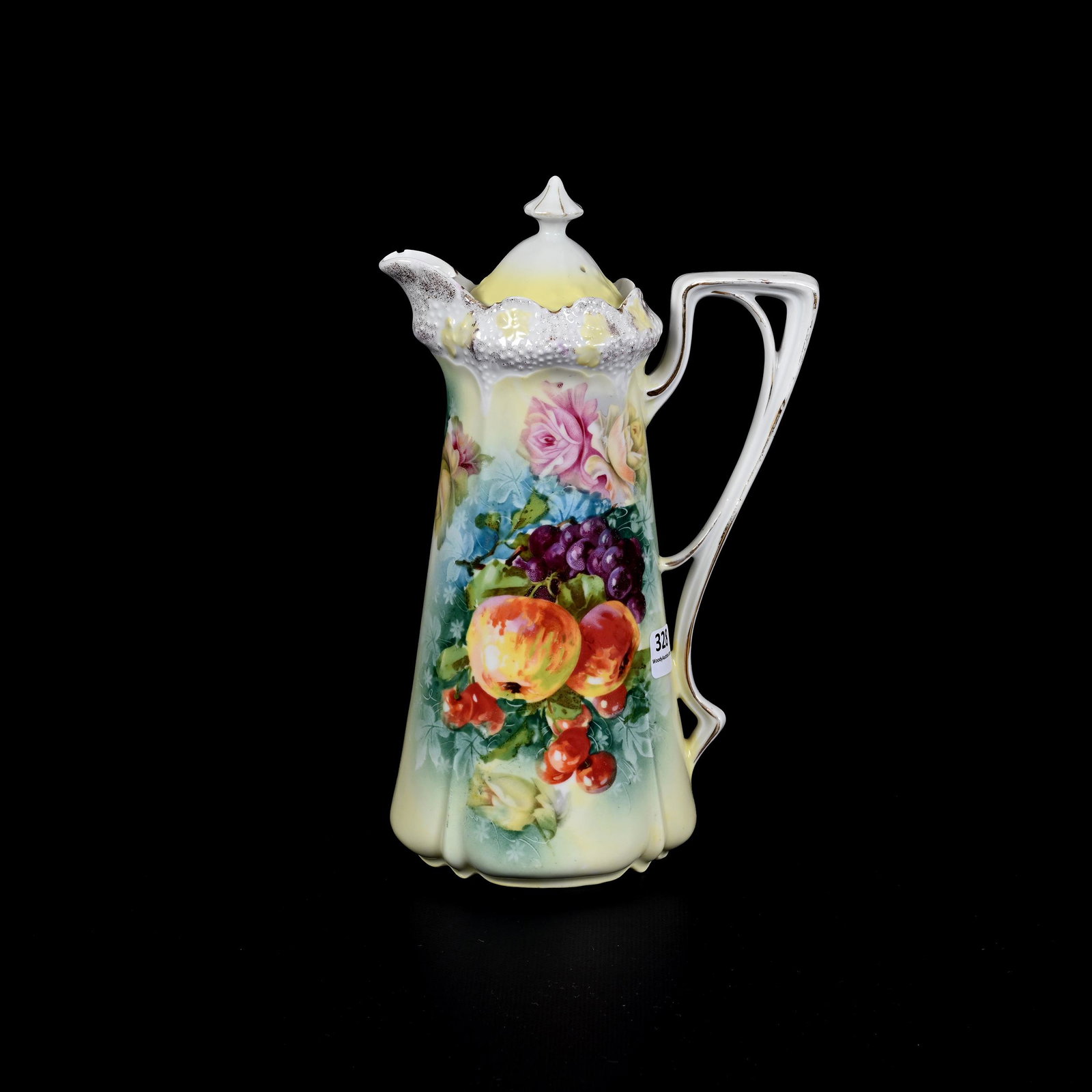 Chocolate Pot Marked R.S. Prussia: Chocolate Pot Marked R.S. Prussia, 10" x 6.25", Stipple Mold, Blue, Green And Yellow Tones, Fruit Decor, Chip On Spout, Wrong Lid, Professional Rim Repair, Private Collection.