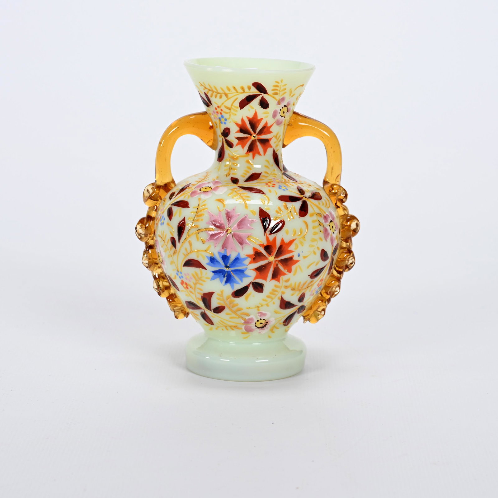 Vase, Yellow Opaque Art Glass: Vase, Yellow Opaque Art Glass, 5" x 3.5", Colorful Enamel Floral Decor, Attributed To Webb, Amber Applied Handles, Highly Reactive Under Black Light, Private Collection.