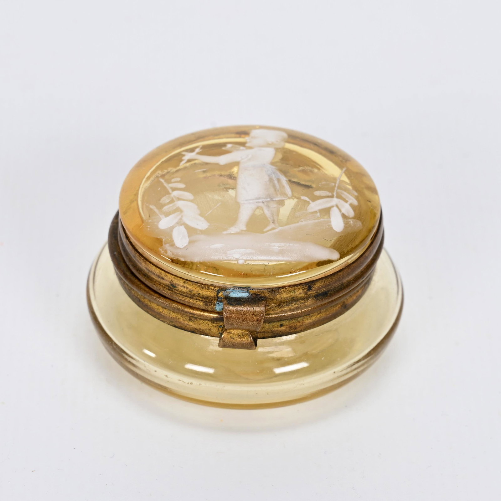 Pill Box, Marigold Art Glass: Pill Box, Marigold Art Glass, 1" x 1.75", Mary Gregory Style Scene Of Young Girl With Flower, Private Collection.