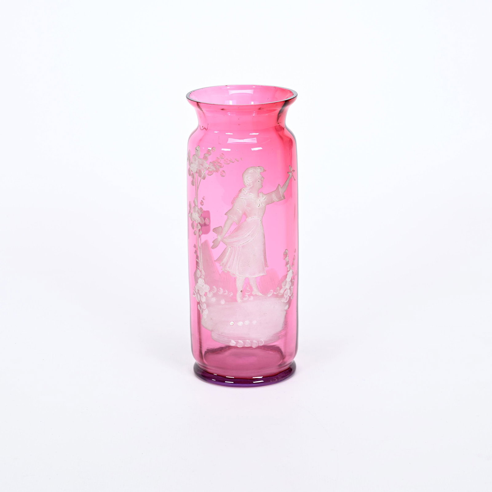 Vase, Cranberry Art Glass Optic Rib: Vase, Cranberry Art Glass Optic Rib, 7.75" x 2.75", Enamel Mary Gregory Style Scene Of Young Woman And Flowers, Private Collection.