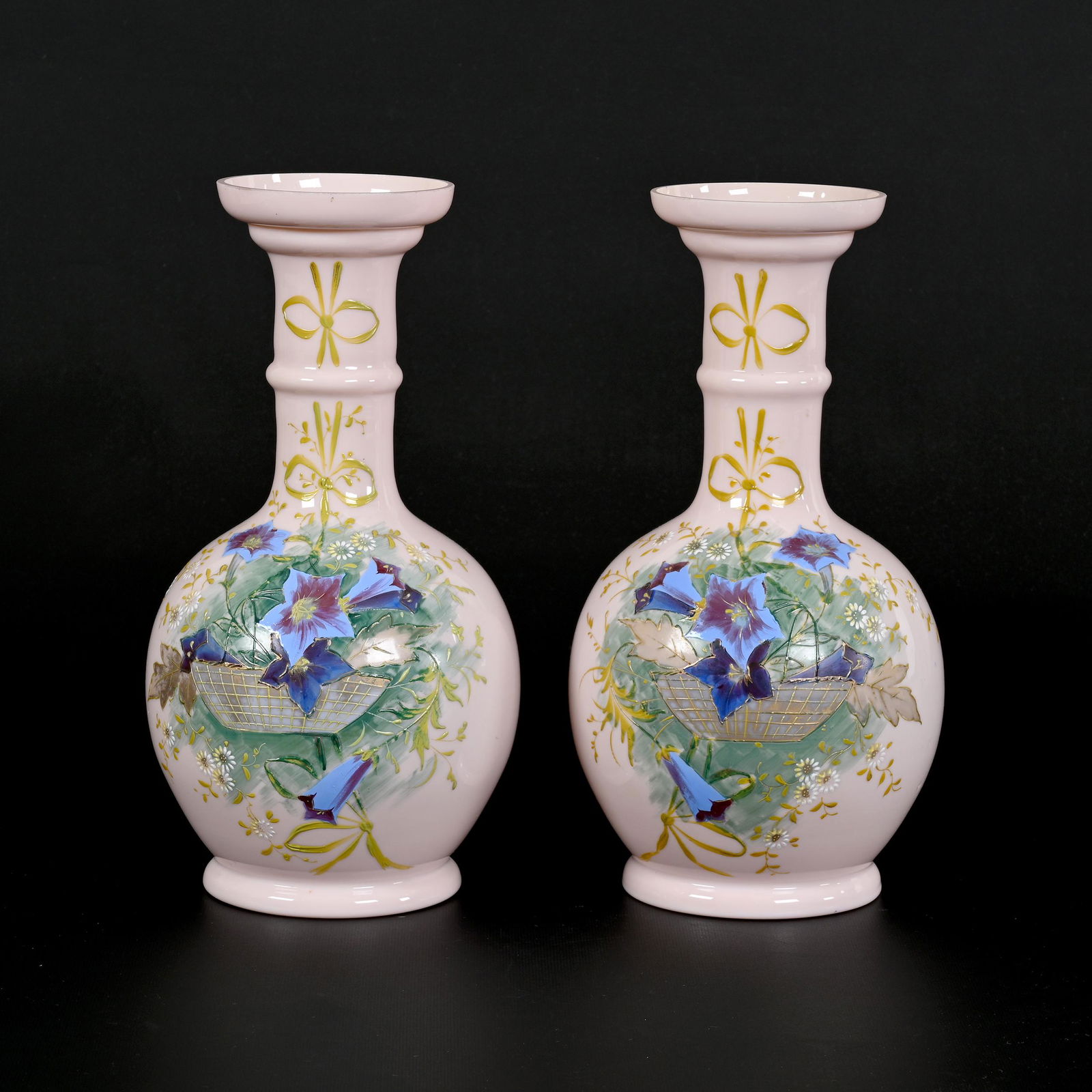 Pair Vases, Pink Bristol Art Glass (1 of 3)