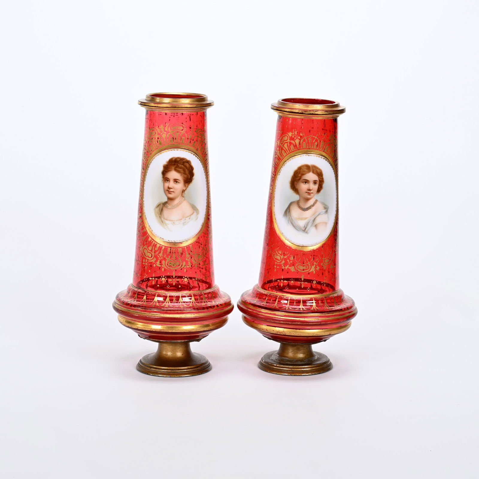 Pair Pedestal Vases, Cranberry Bohemian Art Glass (1 of 4)