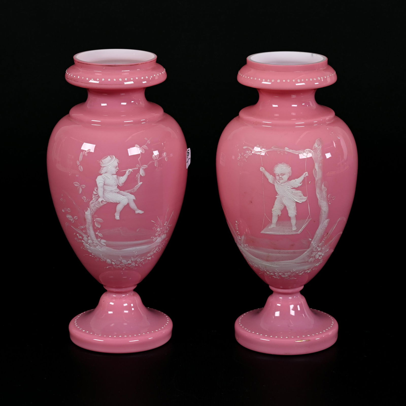 Pair Pedestal Vases, Pink Cased Art Glass (1 of 3)