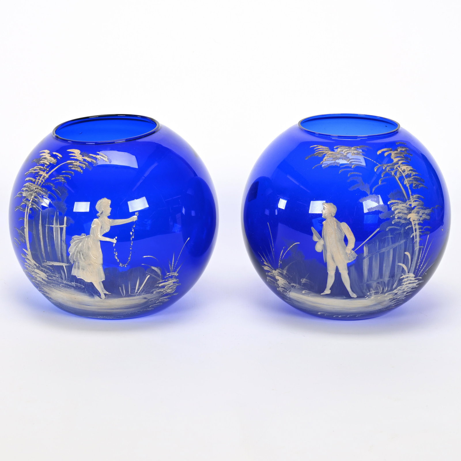 Pair Rose Bowls, Cobalt Blue Art Glass: Pair Rose Bowls, Cobalt Blue Art Glass, 6.5" x 7", Mary Gregory Style Courting Scene Decor, Nice Quality, Private Collection.