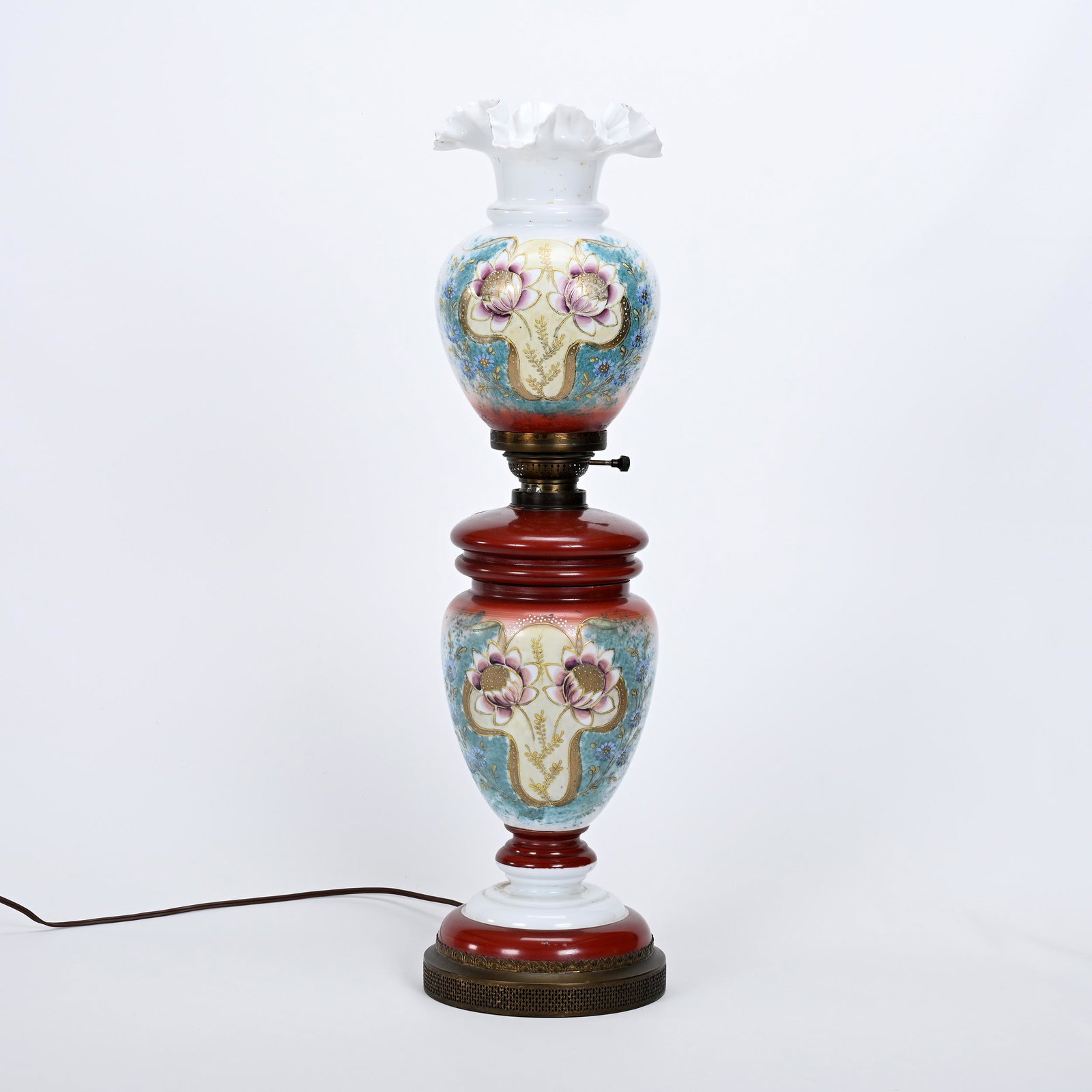 Banquet Lamp, Bristol Art Glass: Banquet Lamp, Bristol Art Glass, 26.5" x 6", White Shading To Brown, Floral Enamel Decor, Electrified, Private Collection.