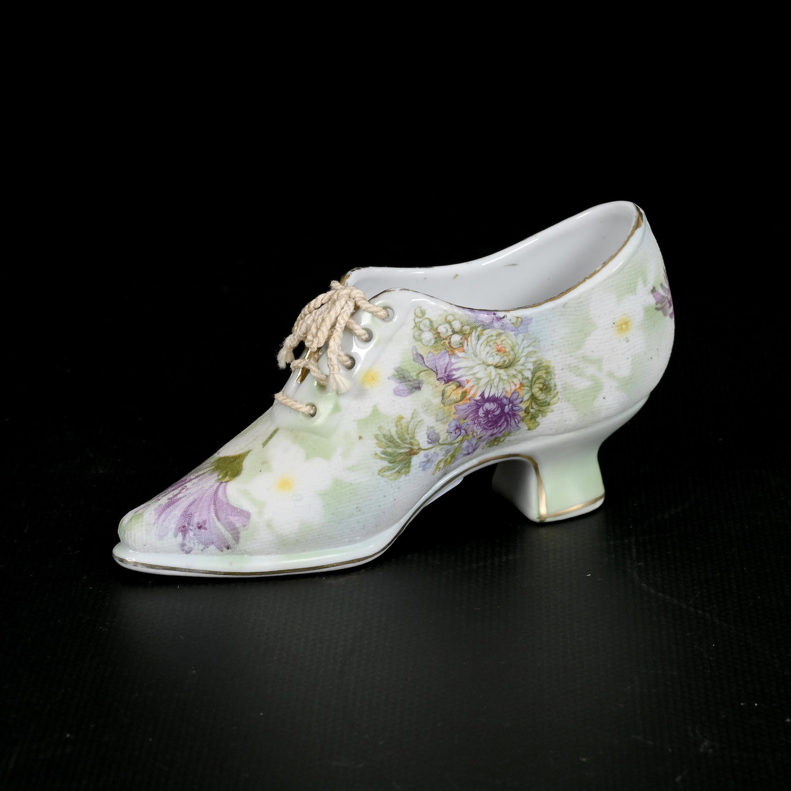 Figural Shoe Marked Royal Bayreuth: Figural Shoe Marked Royal Bayreuth, 2.5" x 5", Floral Tapestry Finish, Hairline Running Down Middle Of Shoe From Laces, Private Collection.